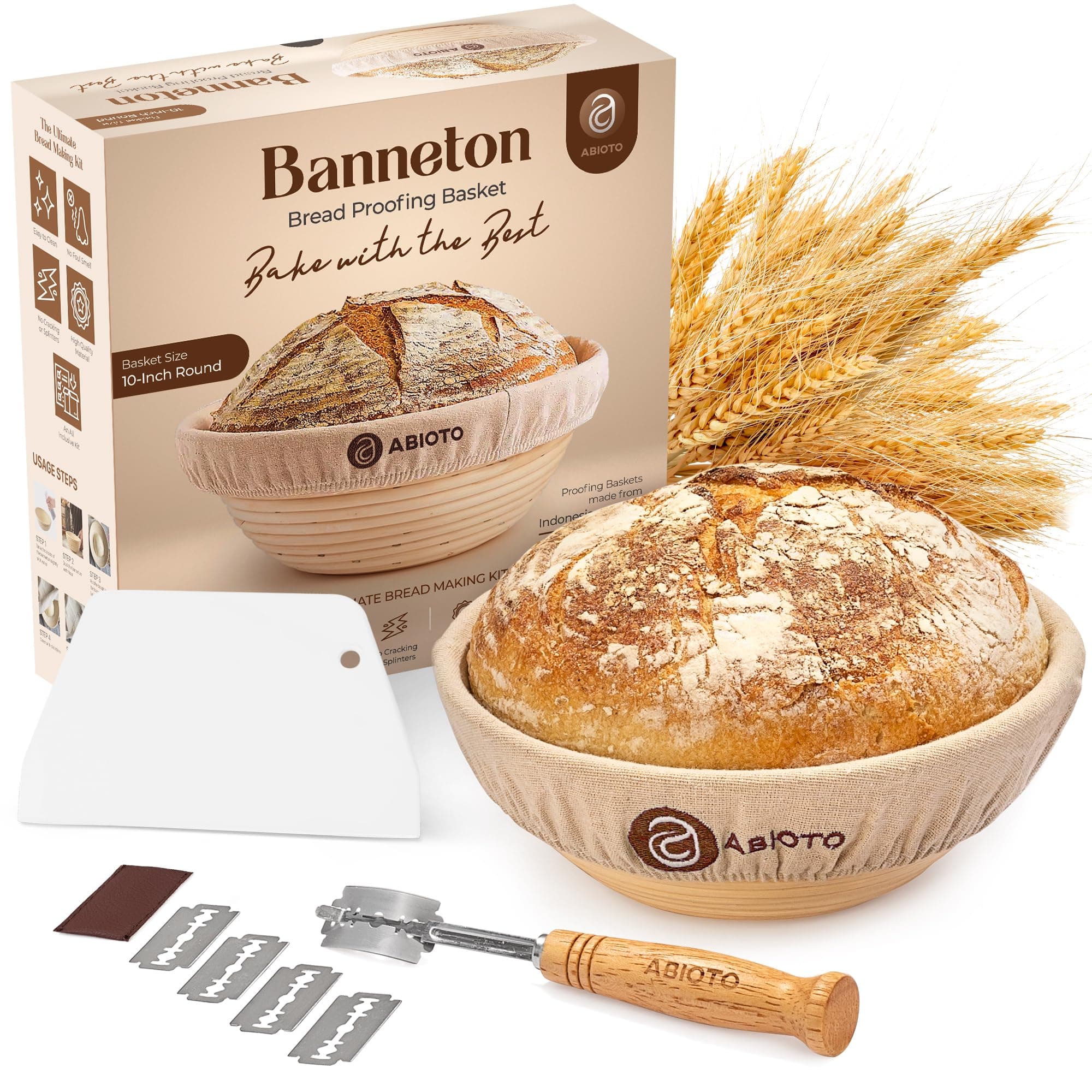 ABIOTO Banneton Bread Proofing Basket Set - A Complete Kit Including 10-Inch Brotform Basket, Bread Lame, Dough Scraper & Linen Liner - Odor-Free & No Splinters - Perfect for Shaping Sourdough Bread
