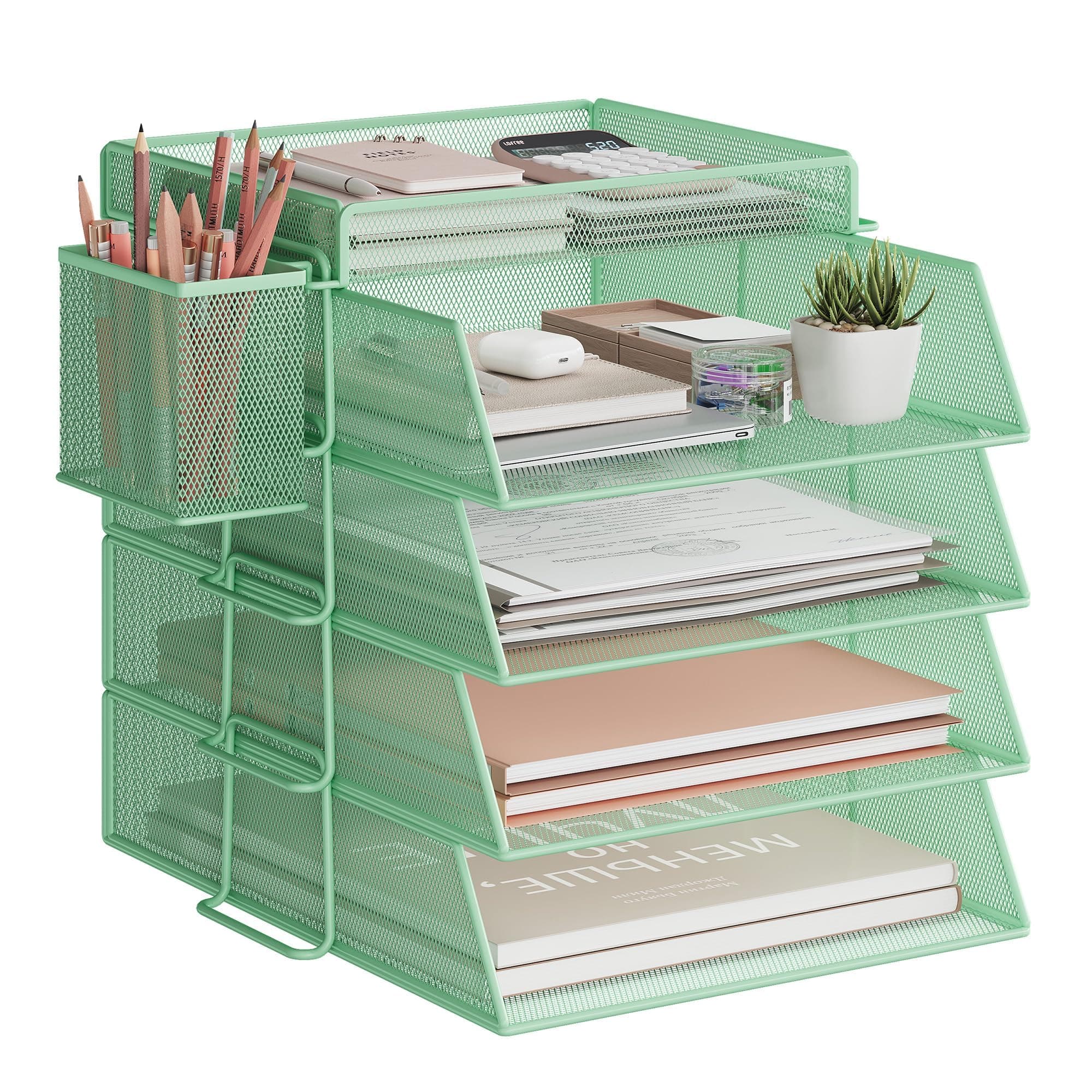 – VITVITI 4 Tier Stackable Letter Tray for Office Tidy, Desk Paper Organizer File Trays for Office Desk Accessories, Paper Letter Accessories with Pen Holder - Green