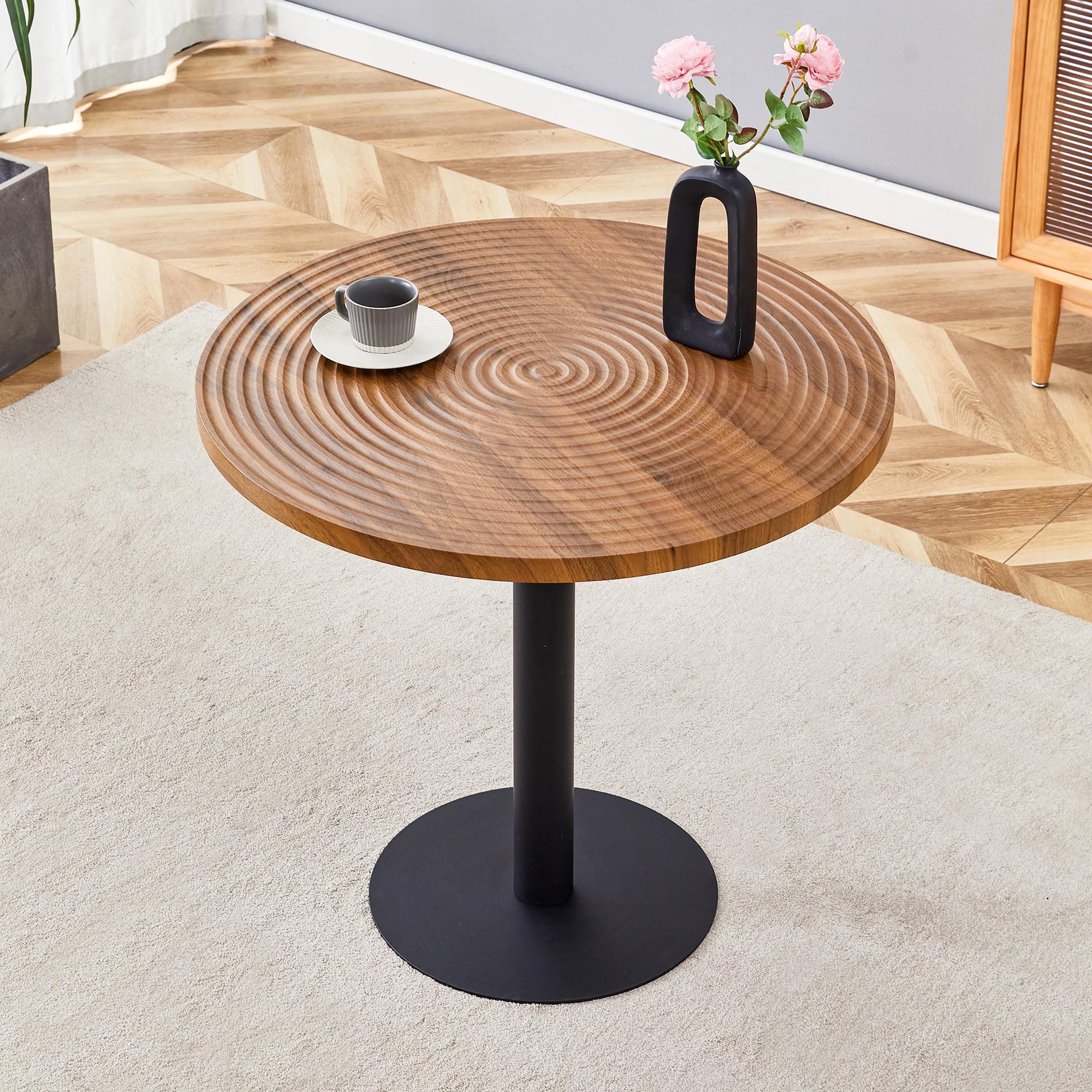 31.5 Inch Dark Wood Grain Round Dining Table - Suction Molding Annular Texture, Durable and Water-Resistant.Suction Molding Process,Dark Wood Grain Design,Black Metal Stand.