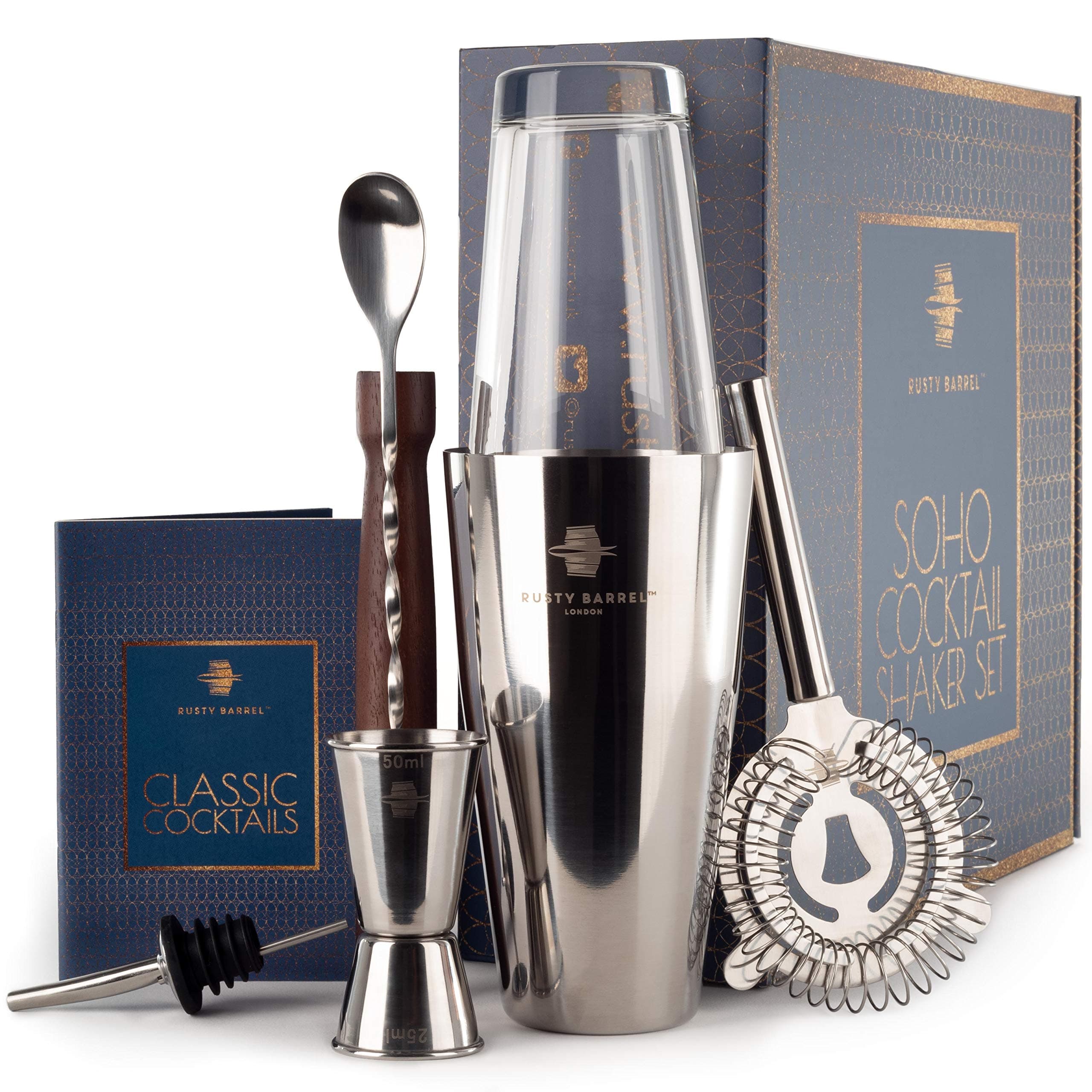 Rusty Barrel Soho Cocktail Making Set - Large Boston Style Stainless Steel & Glass Shaker, Muddler, Strainer, Bar Measure, Pourer, Spoon & Recipe Booklet | Presented in  a Luxury Gift Box (UK Brand)