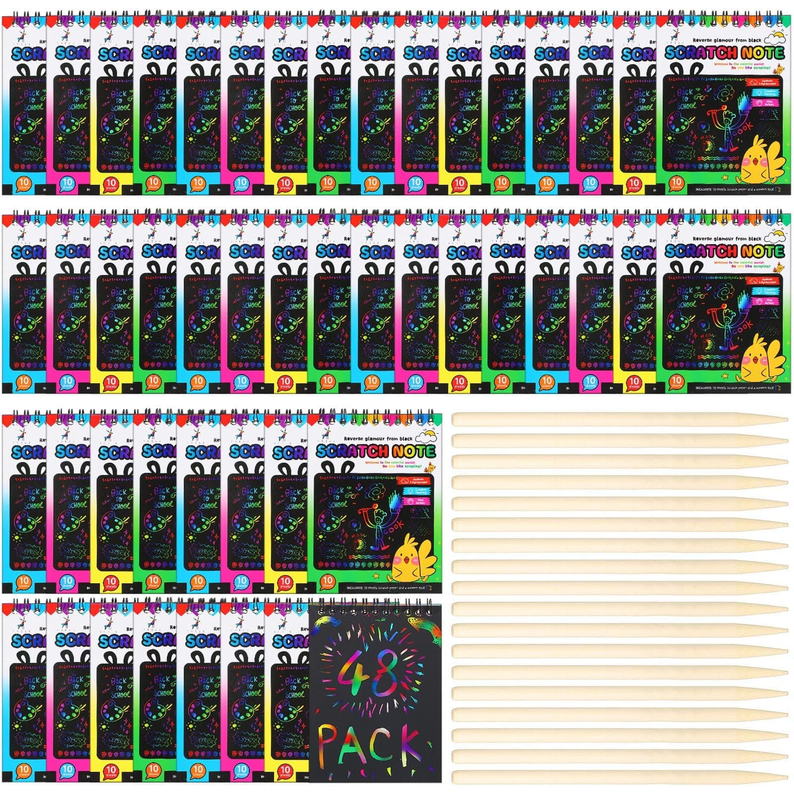 48 Pack Rainbow Scratch Paper Art Notebooks for Kids, Scratch Note Pads, Scratch Off Notebooks Rainbow Color Scratch Art Crafts Drawing Paper, Kids Birthday Party Gift