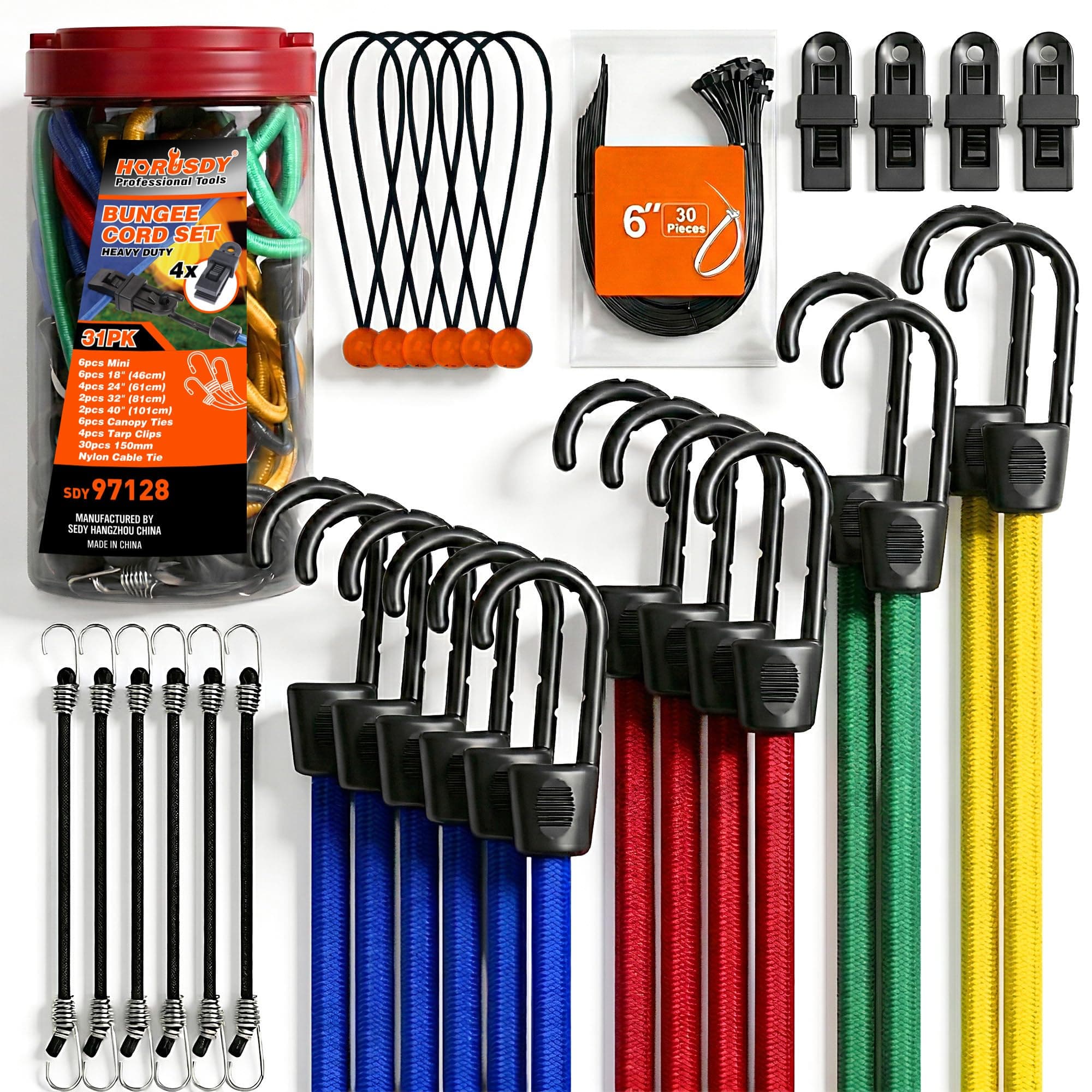 Includes 31 Premium Bungee Cord Assortment Jars, 10", 18", 24", 32", 40" Bungee Cord, 6" Zip Tie, 8" Canopy/Tarp Ball Tie, Alligator Tarp Clip