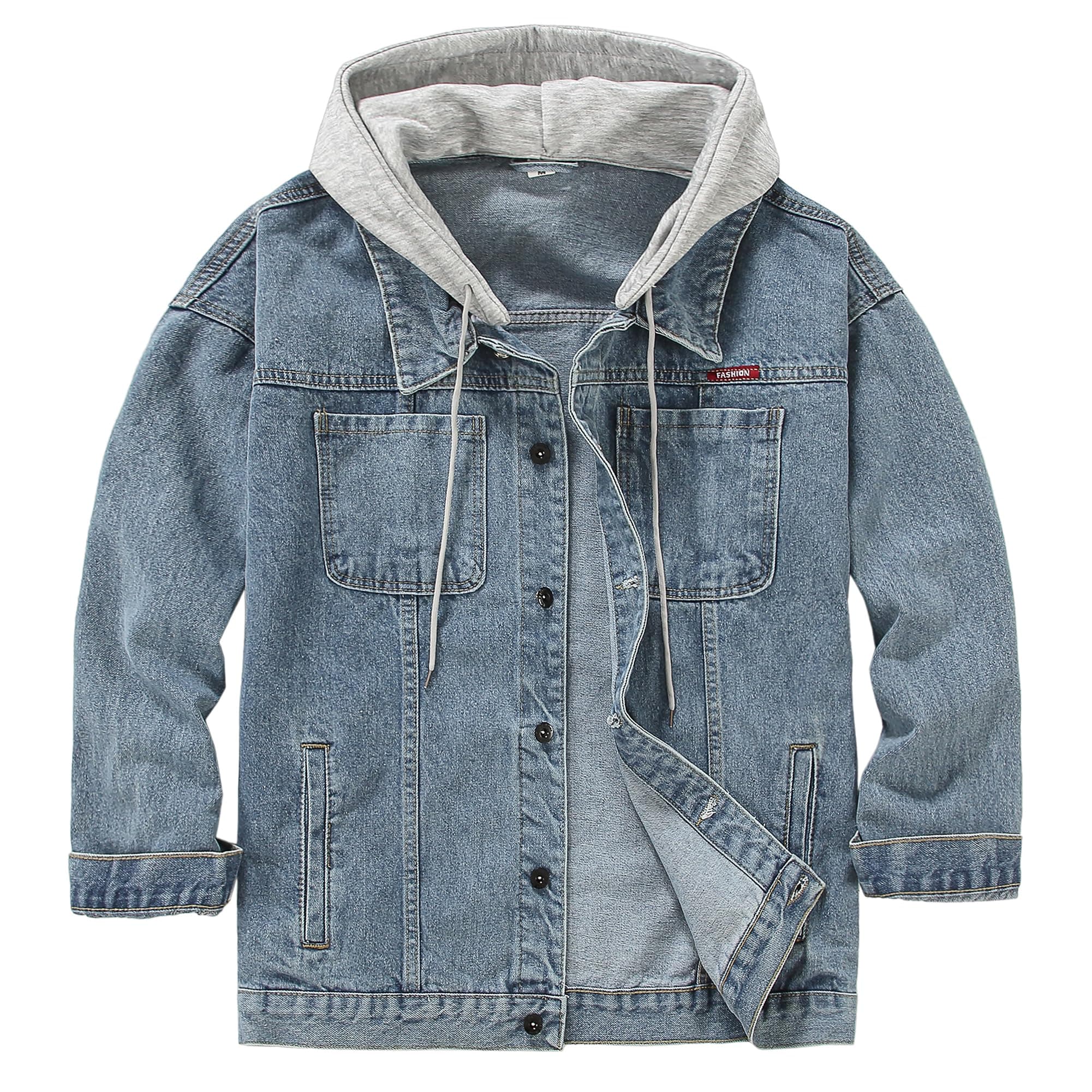Men's Distressed Denim Jacket Unisex Button Down Jean Coat Casual Long Sleeve Trucker Hooded Jackets Outwear