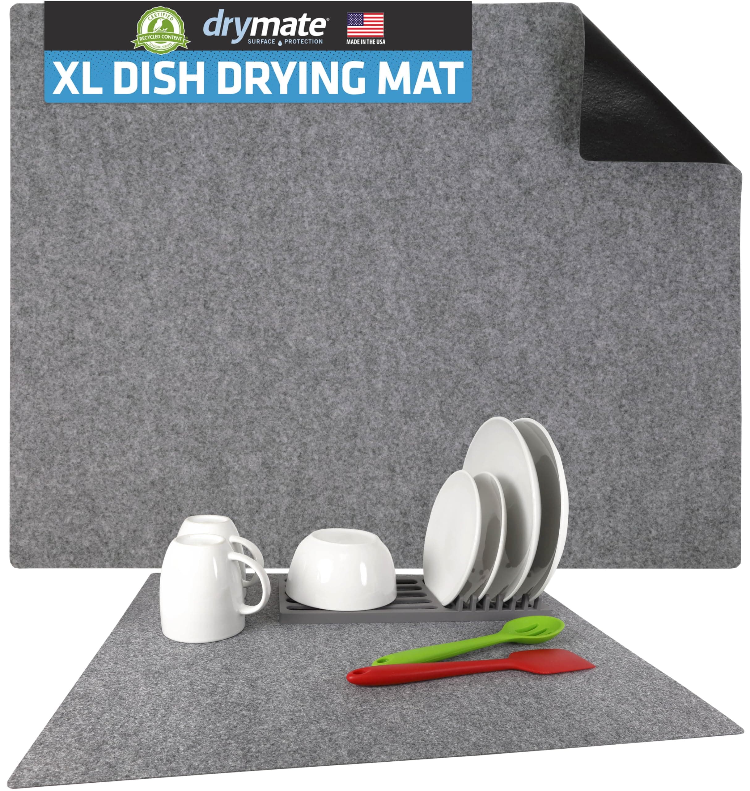 Drymate XL Dish Drying Mat, Oversized (19”x24”), Low-Profile, Super Absorbent, Quick Dry Fabric, Waterproof & Slip-Resistant, for Kitchen Counter, Trimmable, Easy to Clean (USA Made)(Light Grey)