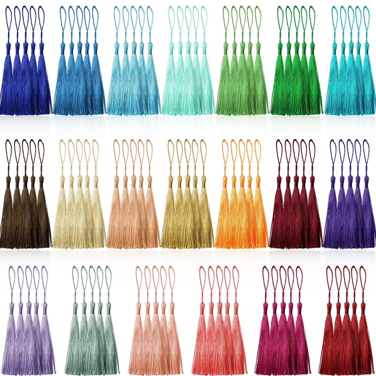100 Pcs 13cm/5 Inch Silky Handmade Soft Craft Mini Tassels with Loops for Jewelry Making, DIY Projects, Bookmarks, 20 Colors, 5 Pcs of Each