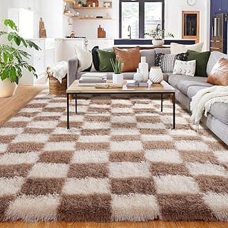 Brown and White Rug for Bedroom, 150x210cm Large Checkered Living Room Area Rugs for Kids Baby Room, Nursery, Dorm, Lounge, Thick Soft Fluffy Plush Checkerboard Carpet
