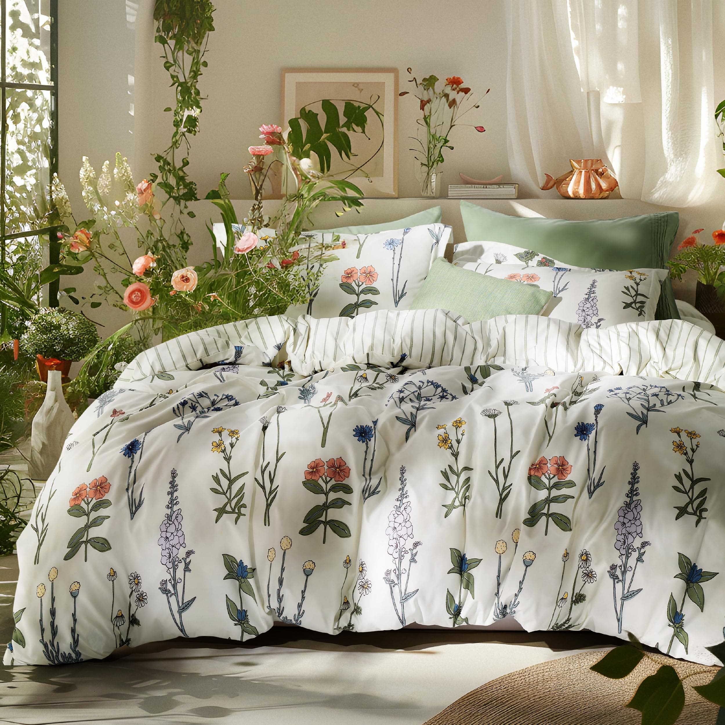 Bedsure Comforter Set Full Size - Cute Floral Bedding Comforter Set, 3 Pieces, 1 Soft Reversible Coconut White Botanical Flowers Comforter and Pillow Shams