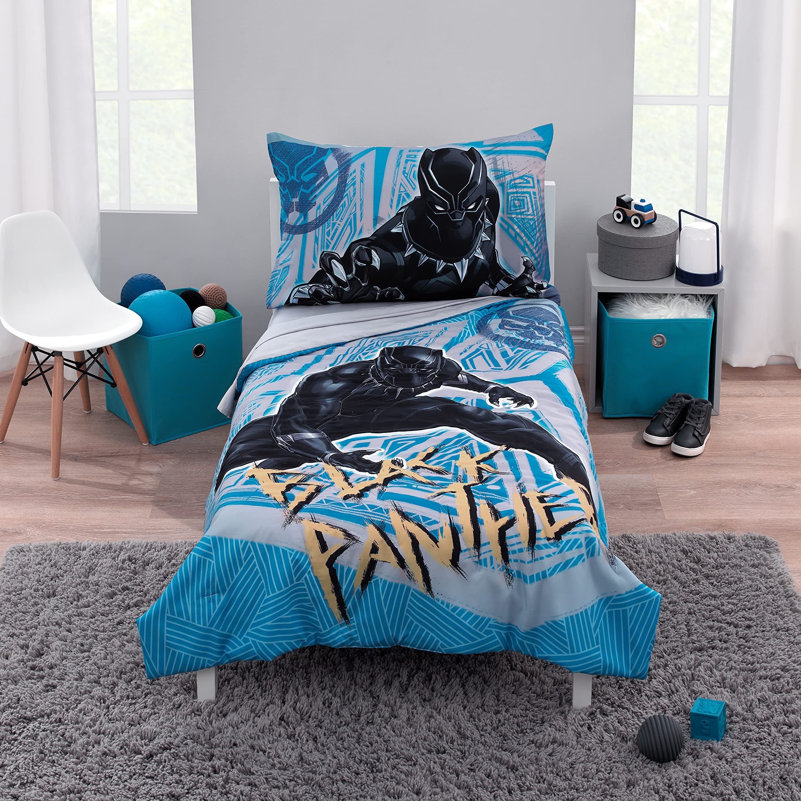 Disney Marvel Black Panther Blue, Black, and Grey Warrior King 4 Piece Toddler Bed Set - Comforter, Fitted Bottom Sheet, Flat Top Sheet and Reversible Pillowcase