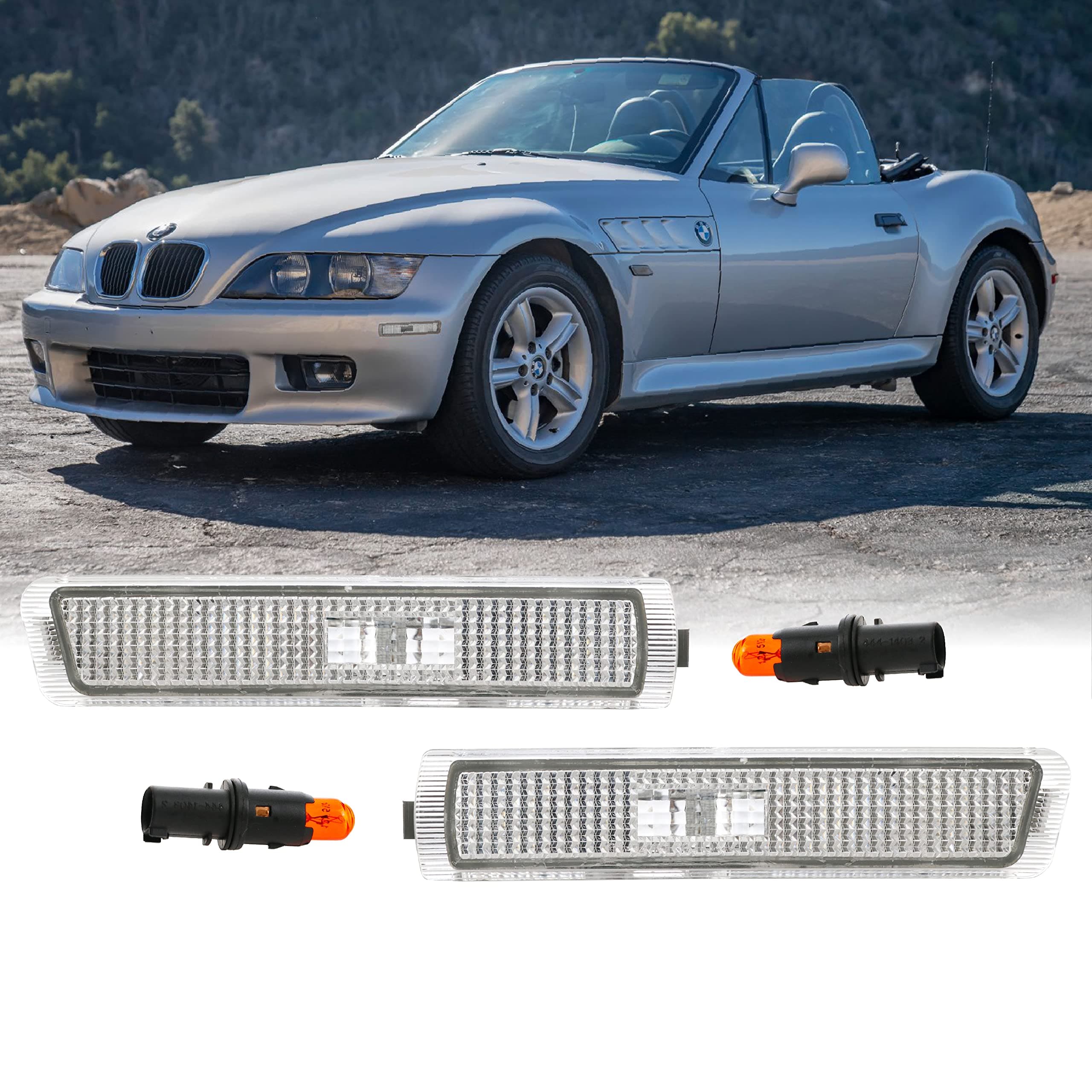 USR Z3 Side Marker Lights - Euro Style Clear Lens Front Bumper Sidemarkers Lamps Set (Left + Right) Compatible with 1996-2002 BMW Z3 Roadster/M Roadster/M Coupe (Amber Bulbs + Sockets Included)