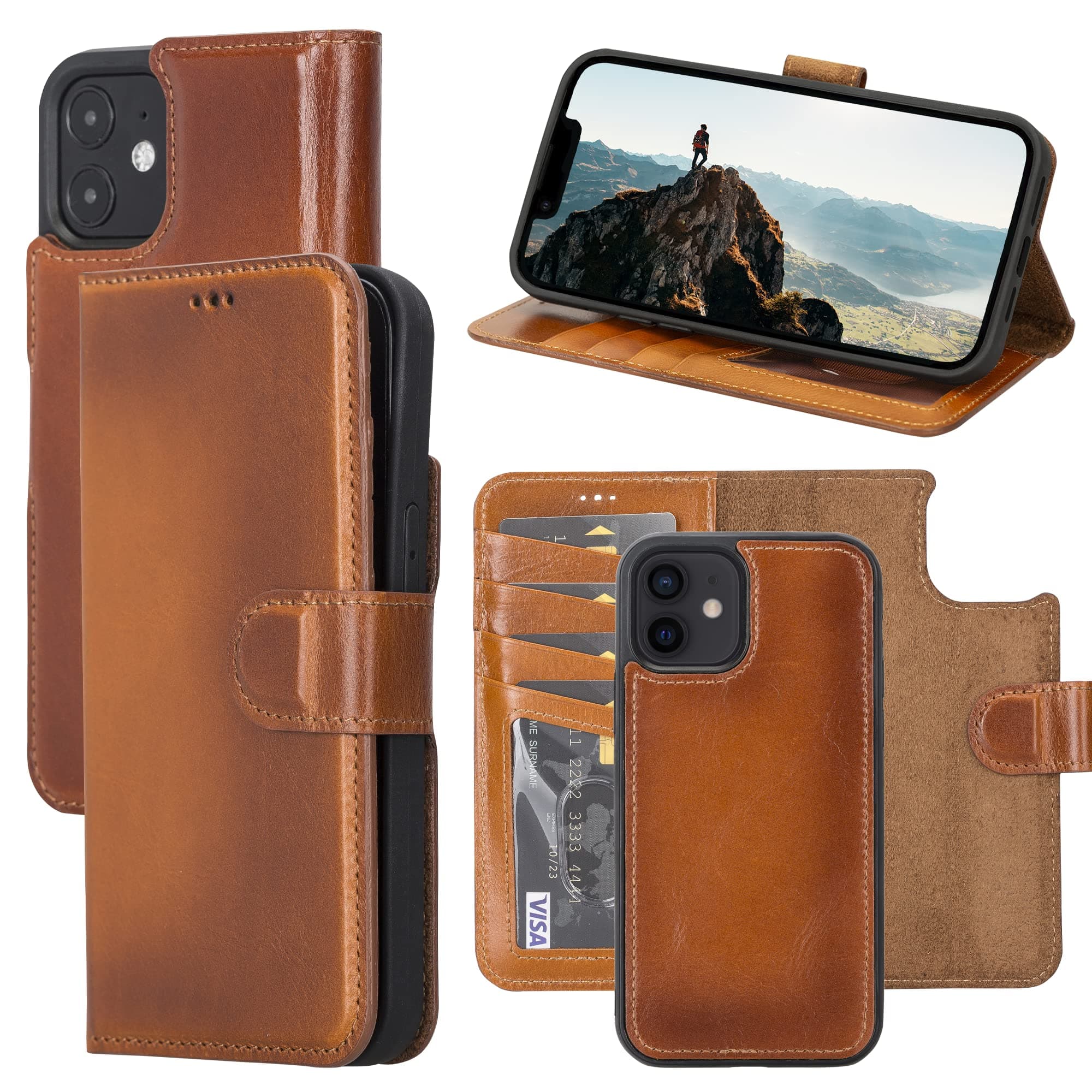 OXA Leather Wallet Case, iPhone 11 Pro Leather Flip Cover with Card Holder, RFID Blocking Case, Kickstand Function, Detachable Leather Wallet Case Rustic