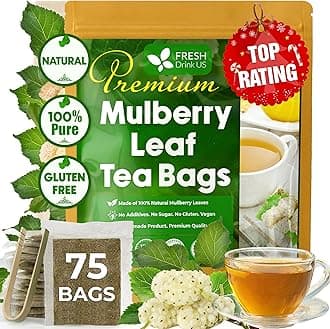 Premium 75 Mulberry Leaf Tea Bags, 100% Natural & Pure. Loose Leaf Herbal Tea. Made with Natural Material Tea Bags. No Sugar, No Caffeine, No Gluten, Vegan