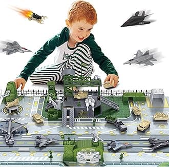 XDUOYJOY Military Base Toy, Army Toys Set with 13 Vehicles Airplane Tank Trucks Helicopter Fighter Jet, Play Mat with Army Men Action Figures and Accessories, Birthday Gift for Kids