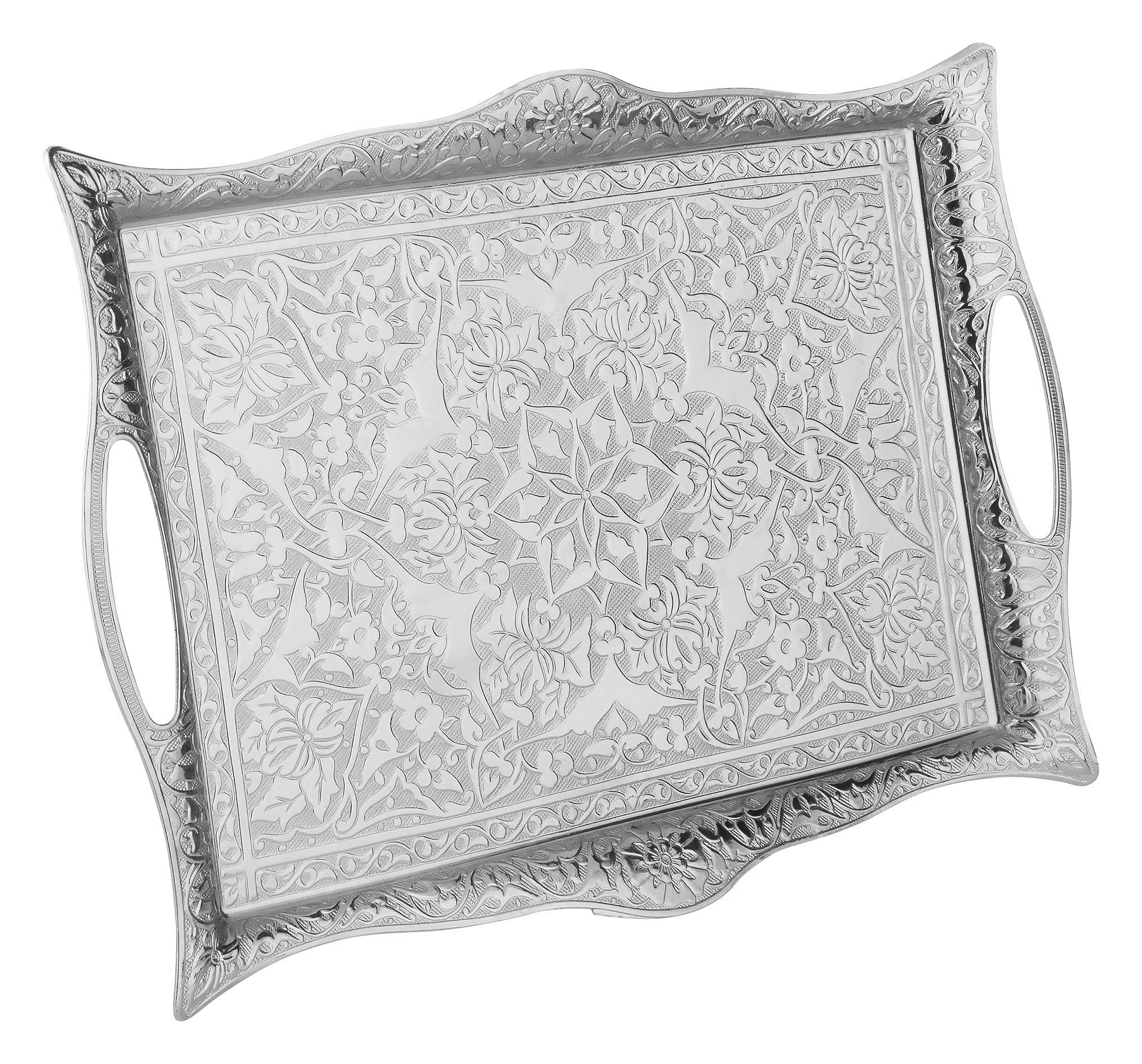 Turkish Serving Trays - (14.1'' x 10.2") - Tray Decorative - Table Centerpiece and Kitchen Tea Trays for Serving - Rectangle Platter for Dinner, Coffee and Dessert (Silver)