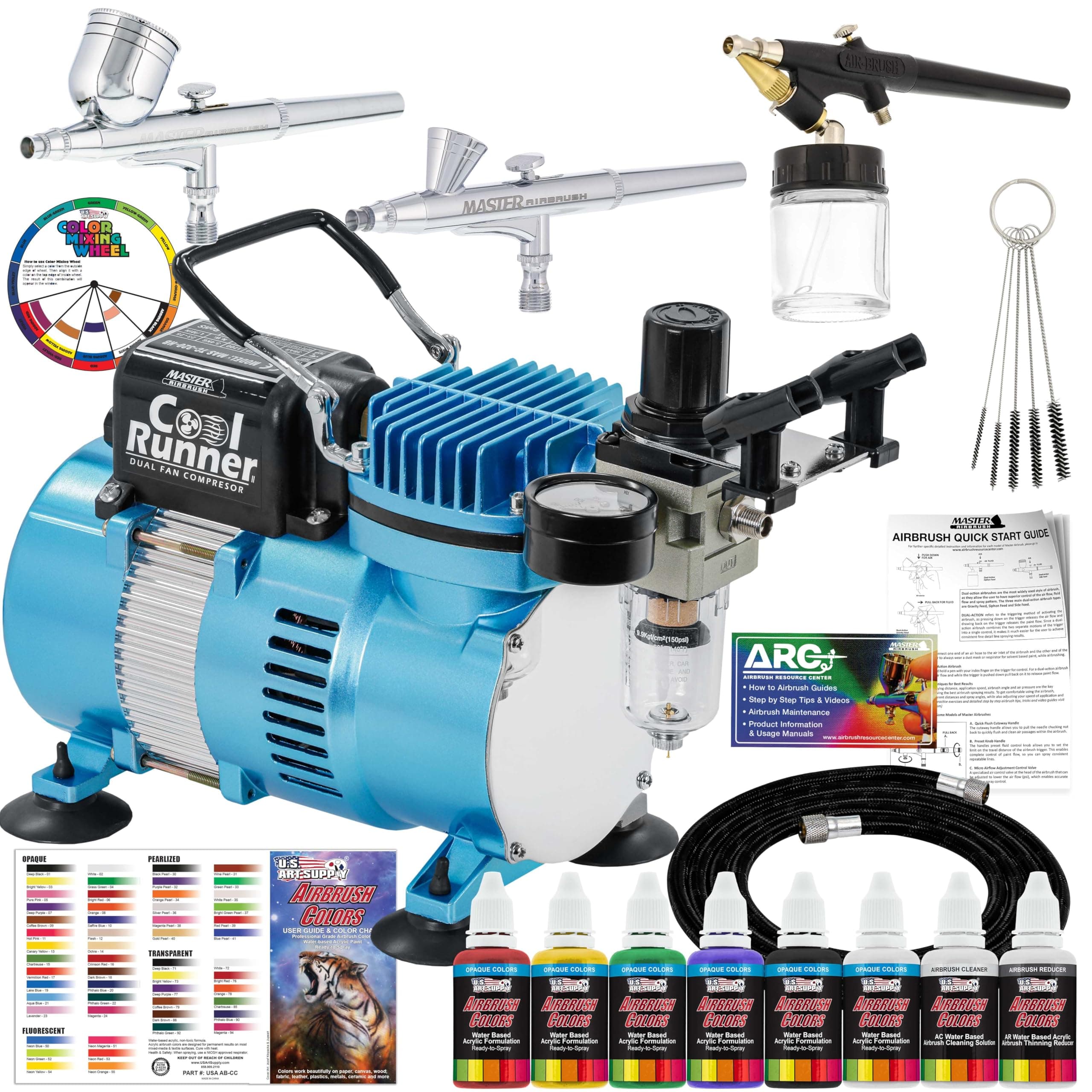 Professional 3 Airbrush System with Compressor and 6 Color Primary Paint Set by Master Airbrush