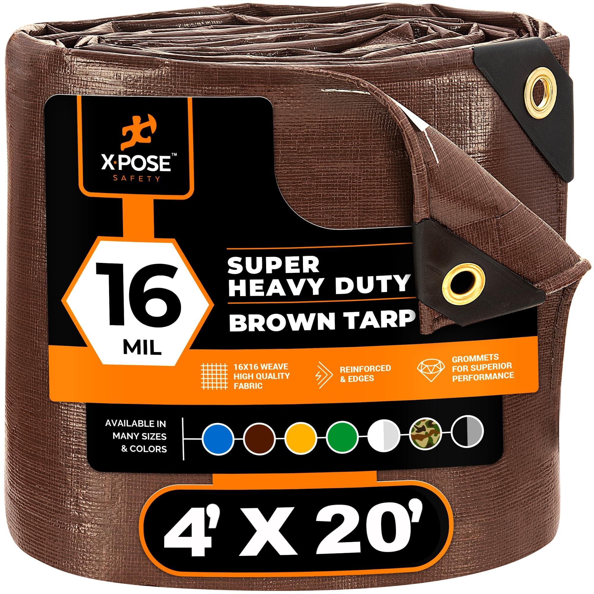 4' x 20' Super Heavy Duty 16 Mil Brown Poly Tarp Cover - Thick Waterproof, UV Resistant, Rip and Tear Proof Tarpaulin with Grommets and Reinforced Edges - by Xpose Safety