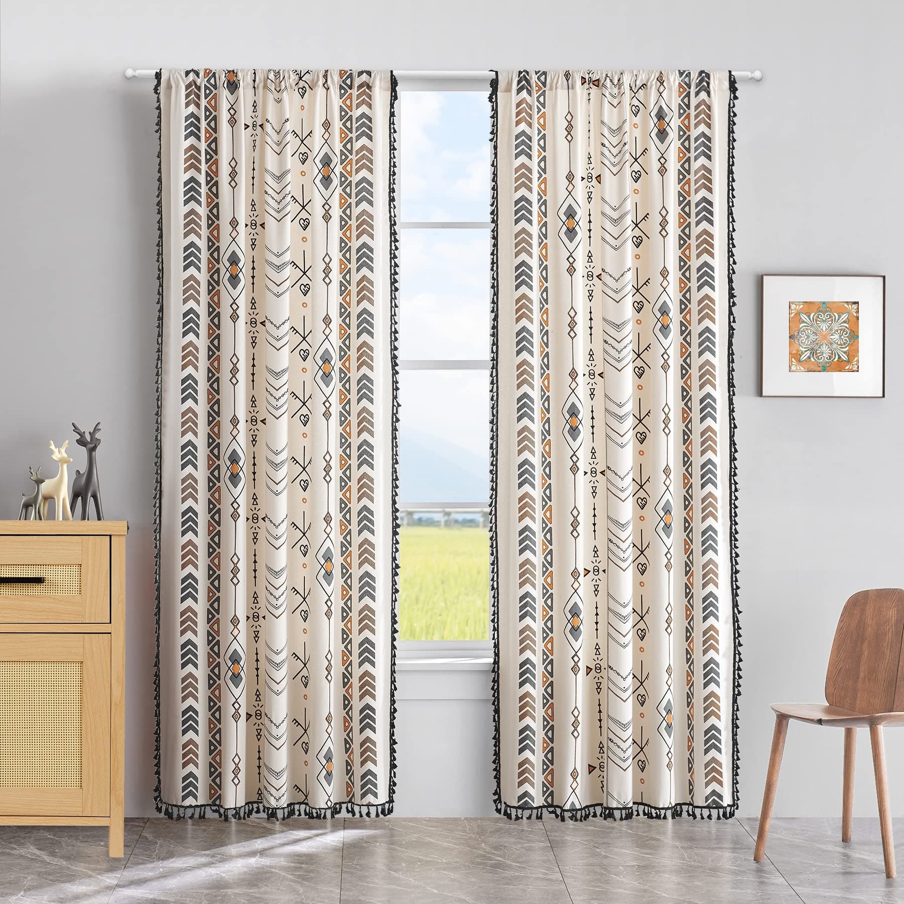 Boho Curtains Bohemian Window Curtains Geometric Pattern Tassel Border Cotton Curtains for Bedroom Beige Living Room Curtains Rod Pocket Farmhouse Window Drapes (59" Wide x 84" Long, 2 Panels)