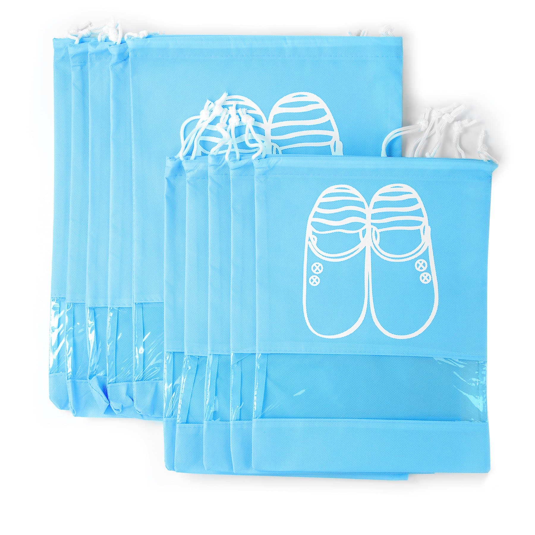 10 Pcs Non-woven Drawstring Shoe Travel/Storage Bag with Clear View Window for Trip and luggage/seasonal Packing-with bonus self-sealing bag (blue)