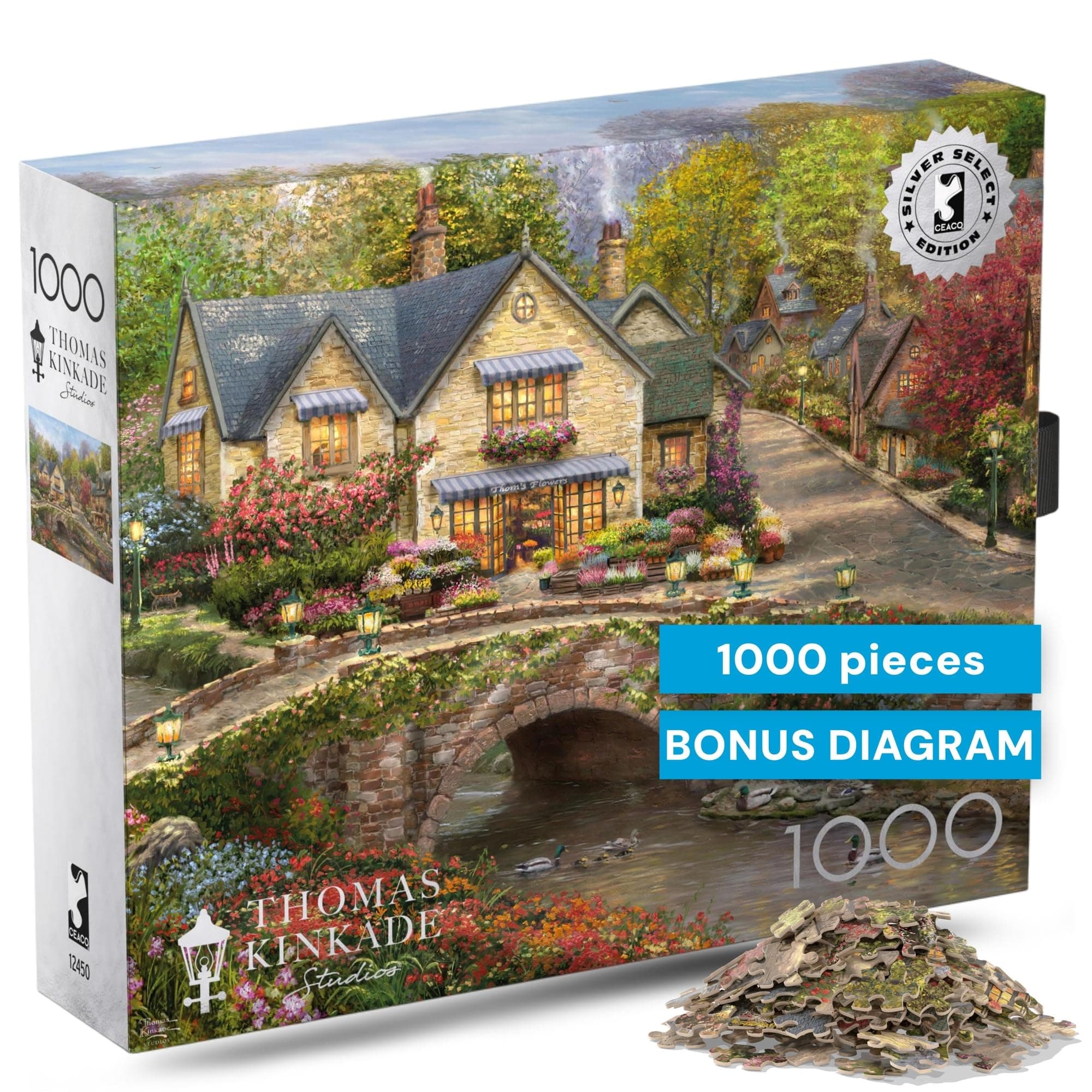 Ceaco - Silver Select - Thomas Kinkade - Summer in Cobblestone Village - 1000 Piece Jigsaw Puzzle for Adults Challenging Puzzle Perfect for Nights - Finished Size 26.75 x 19.75