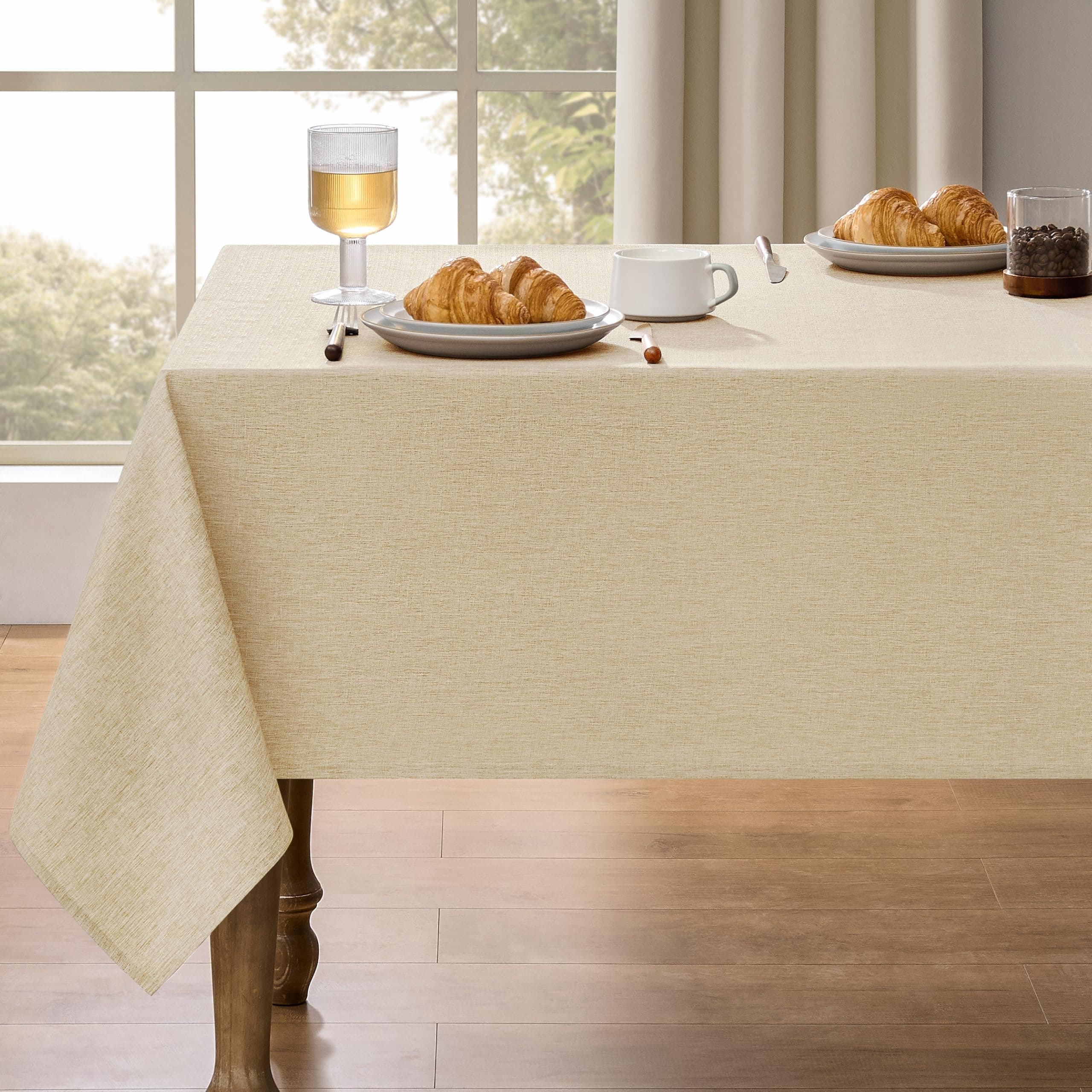 Rectangle Linen Farmhouse Tablecloth for 10ft Table (Oblong, 60 x 144 Inch (12-14 Seats), Beige)
