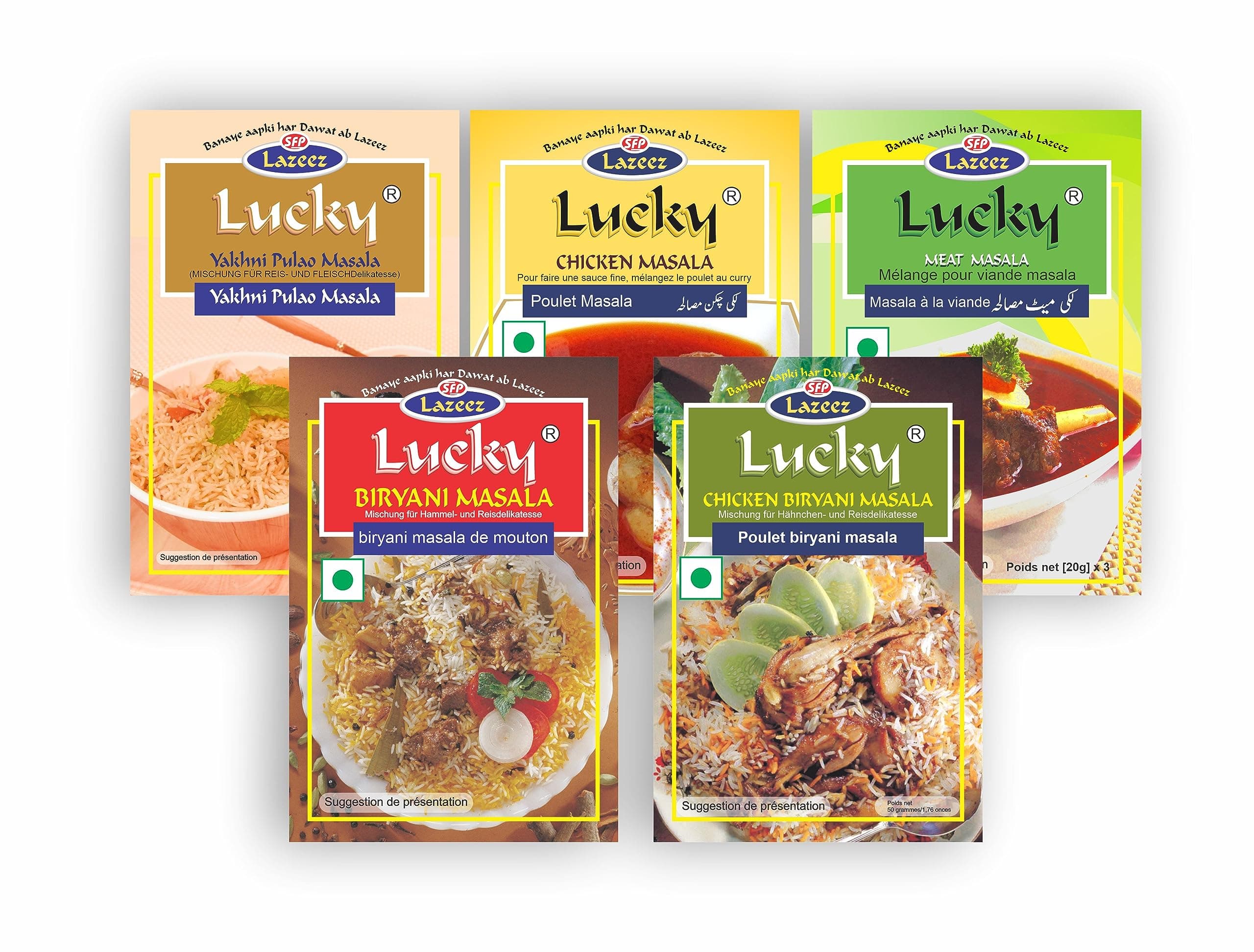 Lucky Rice And Curry Combo Pack 1.7 oz., Pulao, Biryani Masala, Chicken Biryani Masala, Meat Masala, Chicken Masala