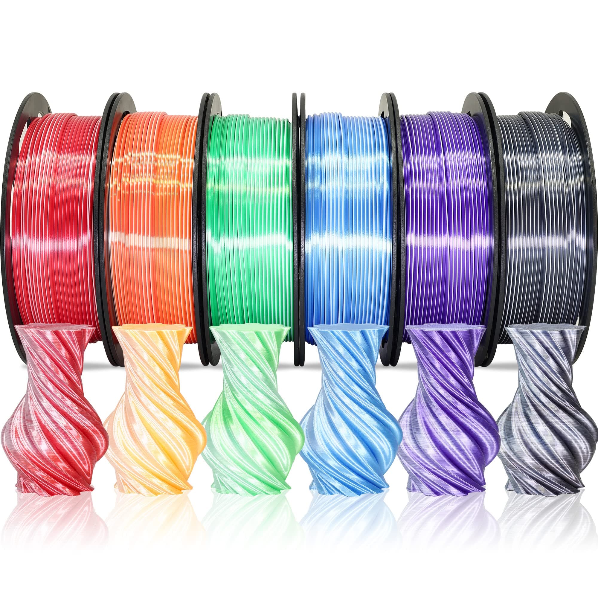 MIKA3D Dual Color 1.75mm 3D Printer Filament Bundle, Silk PLA 6 Spools Pack - White Red, Orange, Green, Blue, Purple, Black - 3D Printing PLA 250g X 6 Spools
