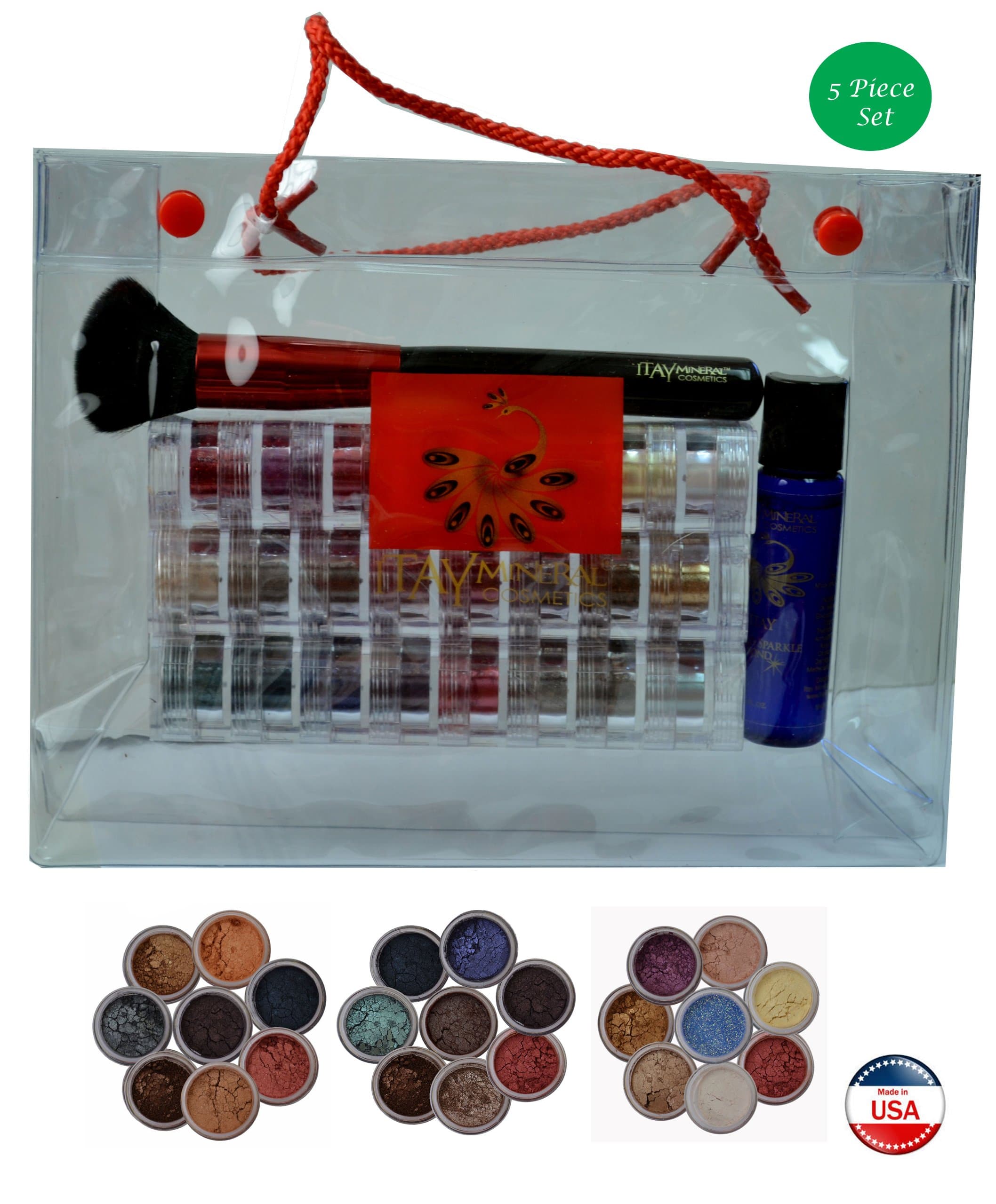 ITAY Mineral Cosmetics 3x8 Stack Eye Shadows+Mica & Glitter Primer Bond+ Powder Brush+Clear Gift Bag (Bundle of 5 Items) (Terra Linda+Rose-Belle+Best 4 Blue Eyes)