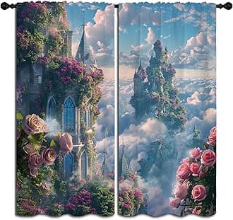 LHROOMJK Sky Castle Blackout Curtains for Boys Girl Bedroom Decor, Gothic Medieval Sky Dream Garden Thermal Insulated Rod Pocket Drapes Darkening Window Curtain for Living Room Home 55x63 inch