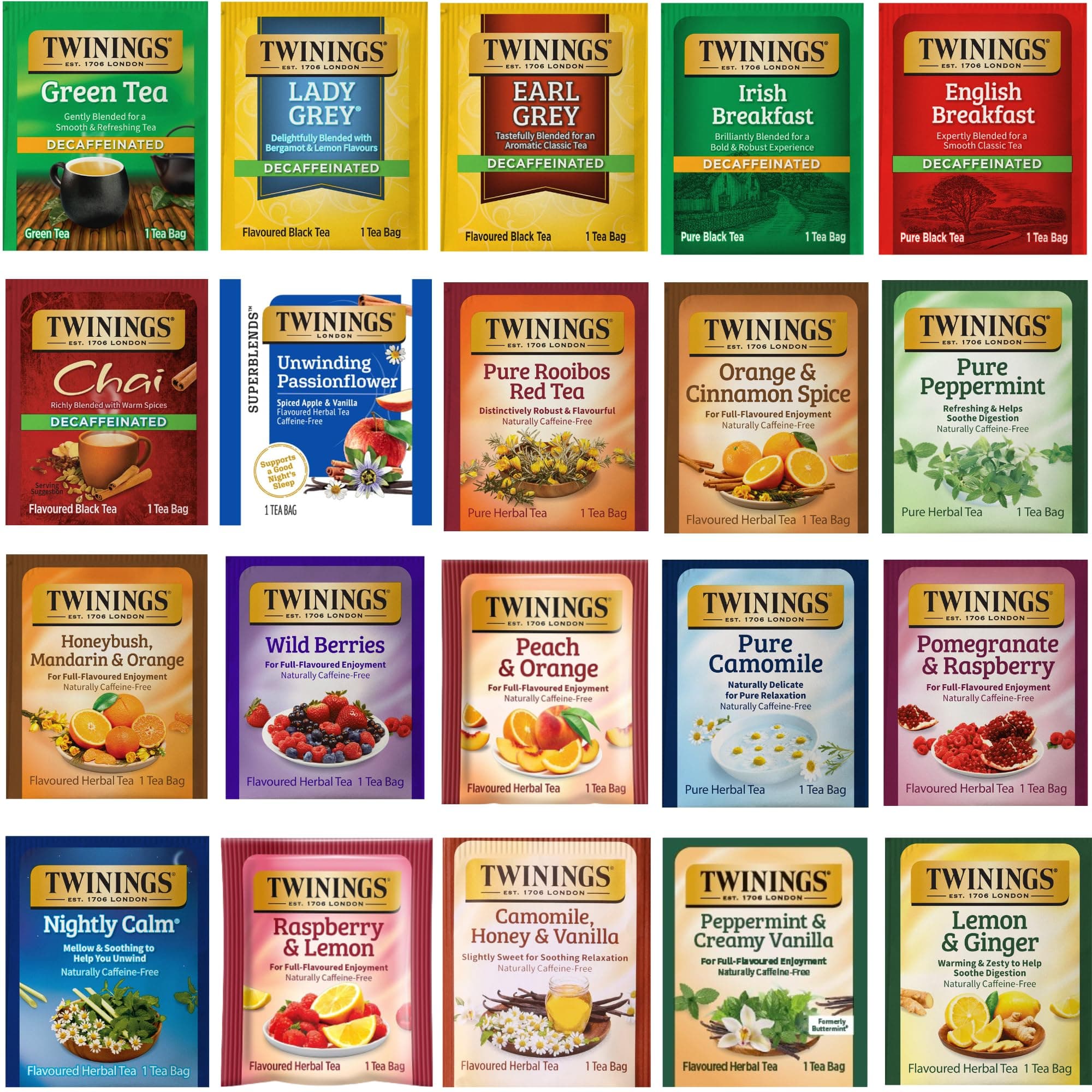 Twinings Herbal & Decaf Tea Variety Pack - Decaf Tea Sampler - Individually Wrapped Herbal Tea Bags, Green Decaf, Lady Grey Decaf, Earl Grey Decaf, Pure Peppermint, Camomile, Rooibos Red, Honeybush Mandarin Orange, Plus 13 More Flavors (Decaf, 1 Count (Pack of 20))