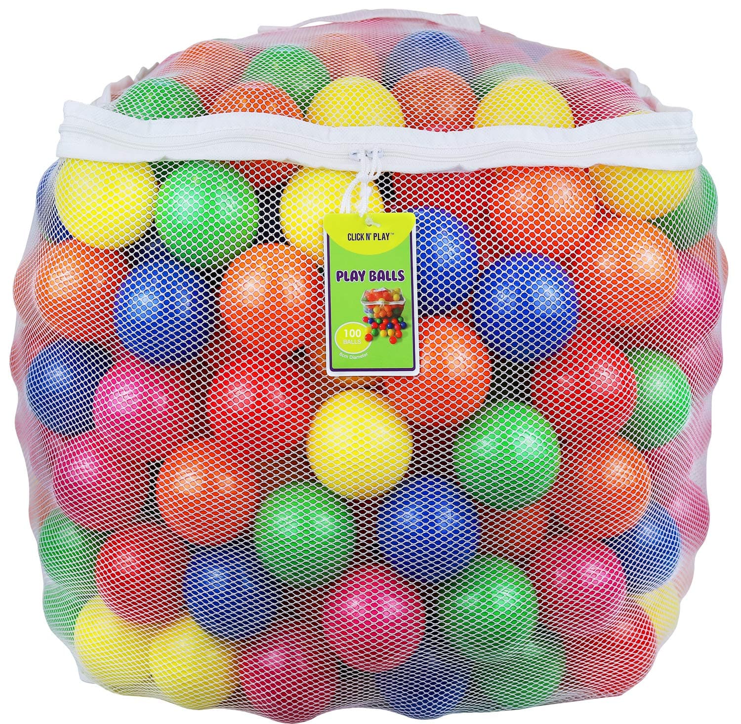 Click N' Play Pack of 100 Phthalate Free BPA Free Crush Proof Plastic Ball, Pit Balls - 6 Bright Colors in Reusable and Durable Storage Mesh Bag with Zipper