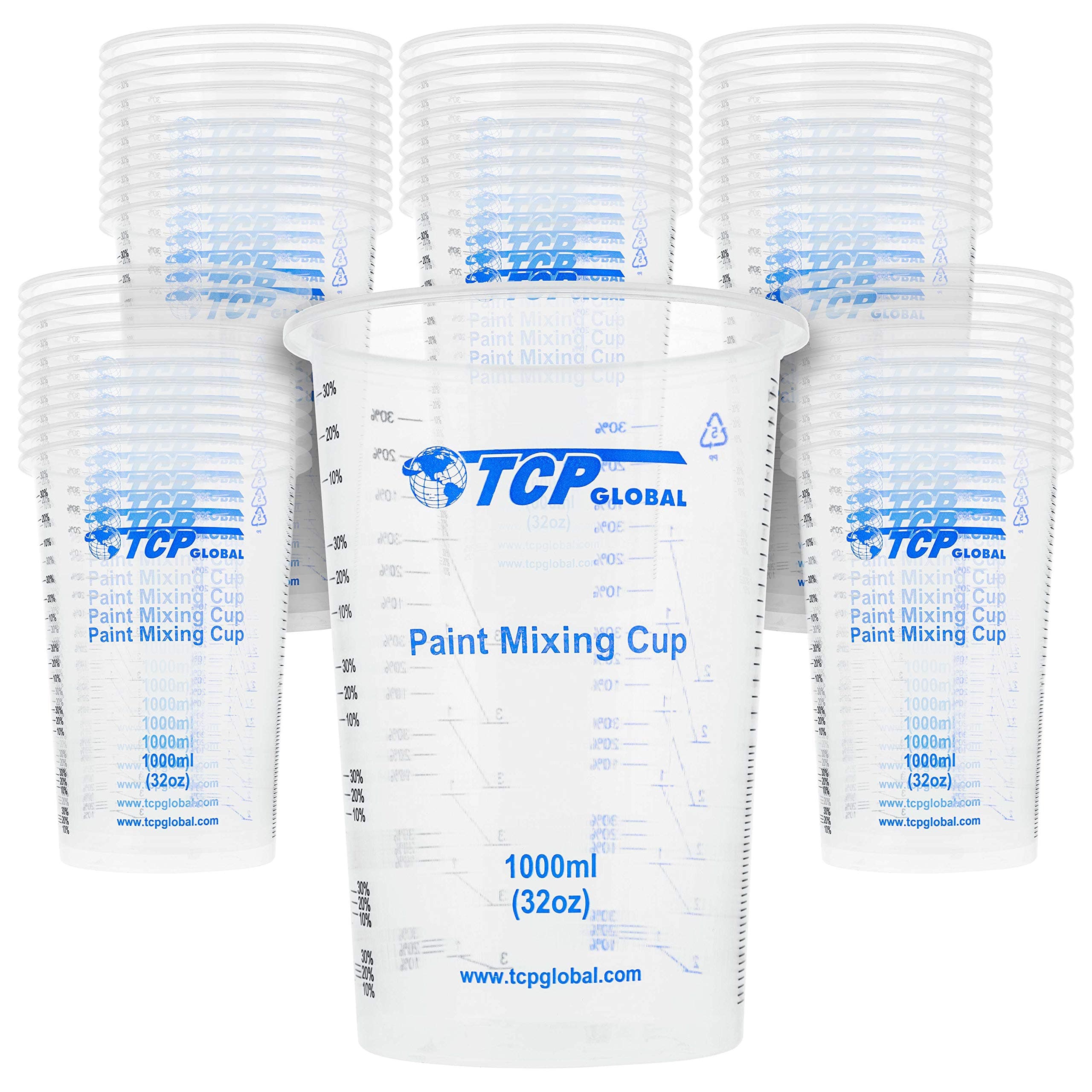 TCP Global 32 oz. (1000ml) Graduated Plastic Mixing Cups (Box of 50) - Disposable Plastic Measuring Cups for Liquids, Paints, Resin, Epoxy, Art, Kitchen - Ratios 2-1, 3-1, 4-1 ML