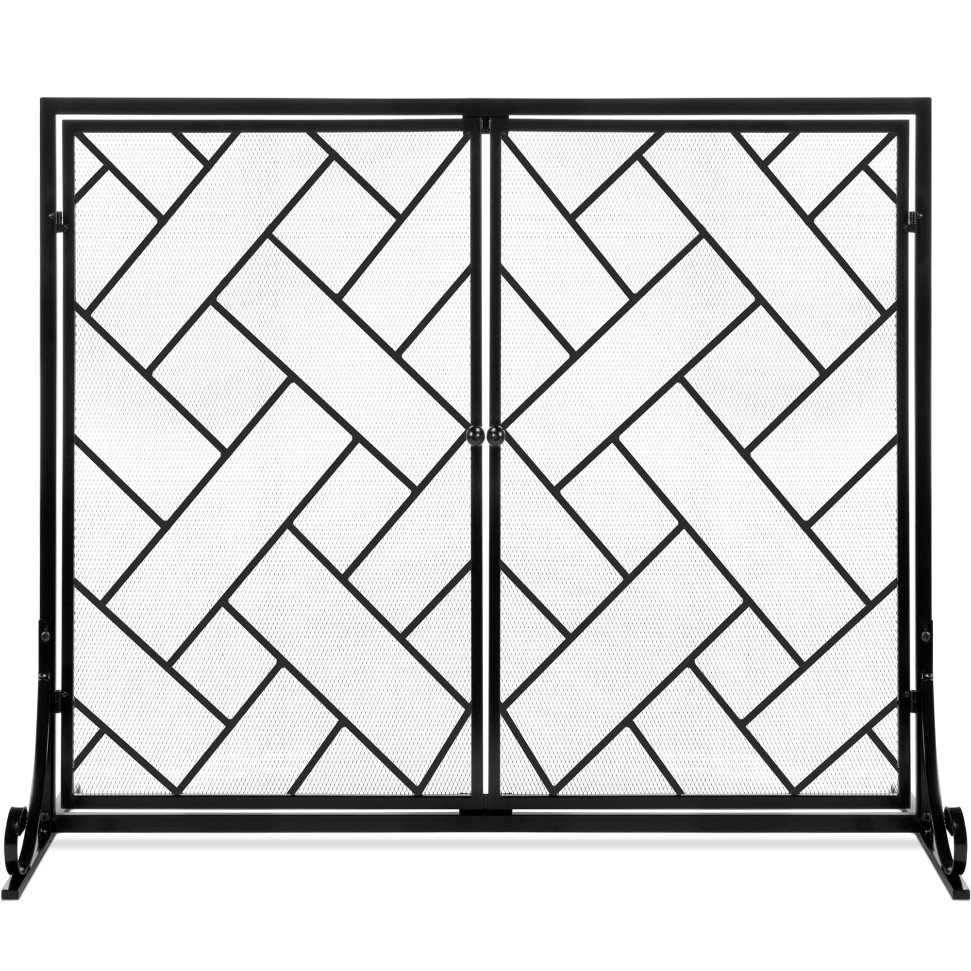 Best Choice Products 44x33in 2-Panel Handcrafted Wrought Iron Decorative Mesh Geometric Fireplace Screen, Fire Spark Guard w/Magnetic Doors - Black