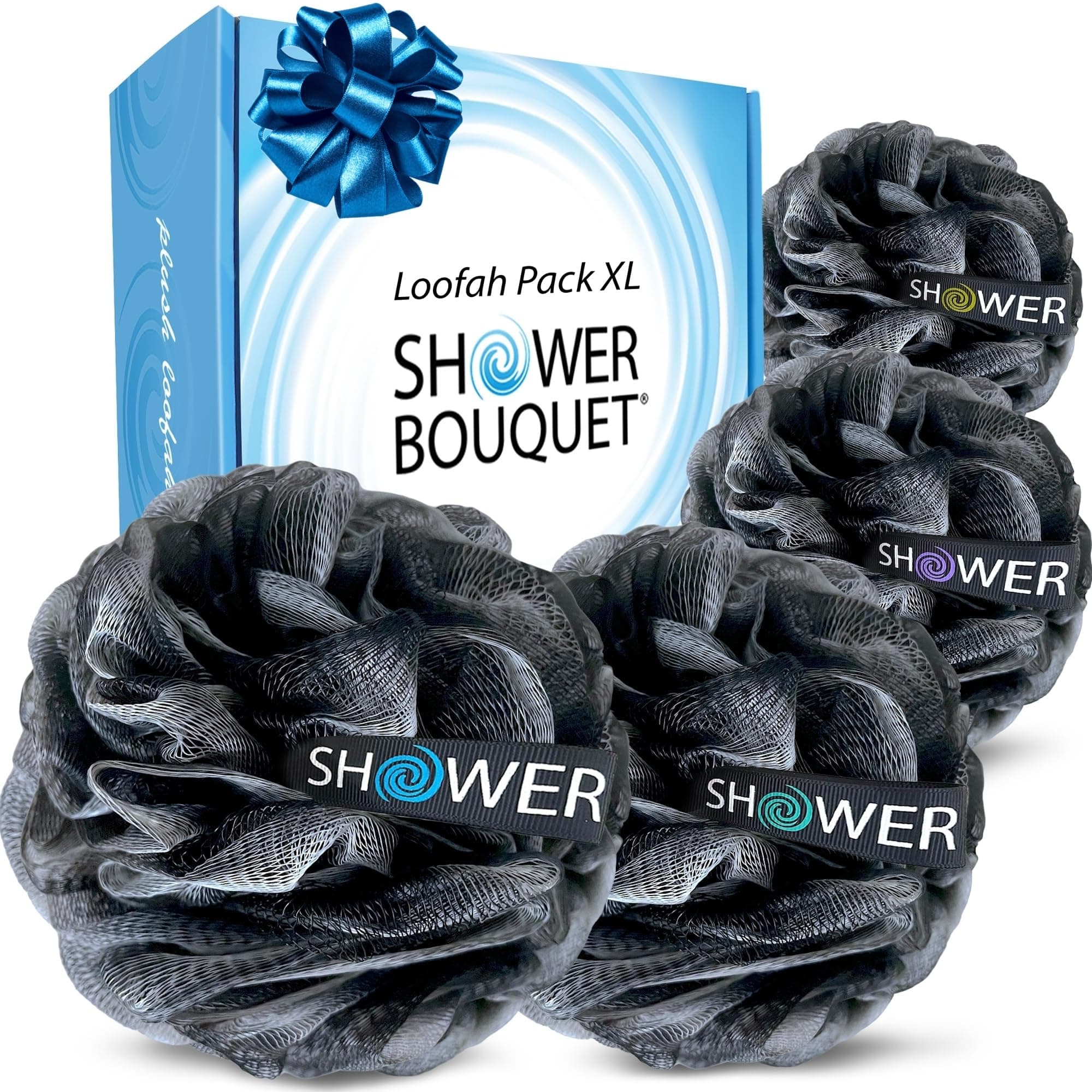 SHOWER BOUQUET Loofah-Charcoal Bath-Sponge-4-Pack // Extra-Large 75g Soft Mesh Black Loofa Lufa Loufa Luffa Puff Set/Exfoliating Body Scrubber for Women and Men - Exfoliate & Soothe Face & Body