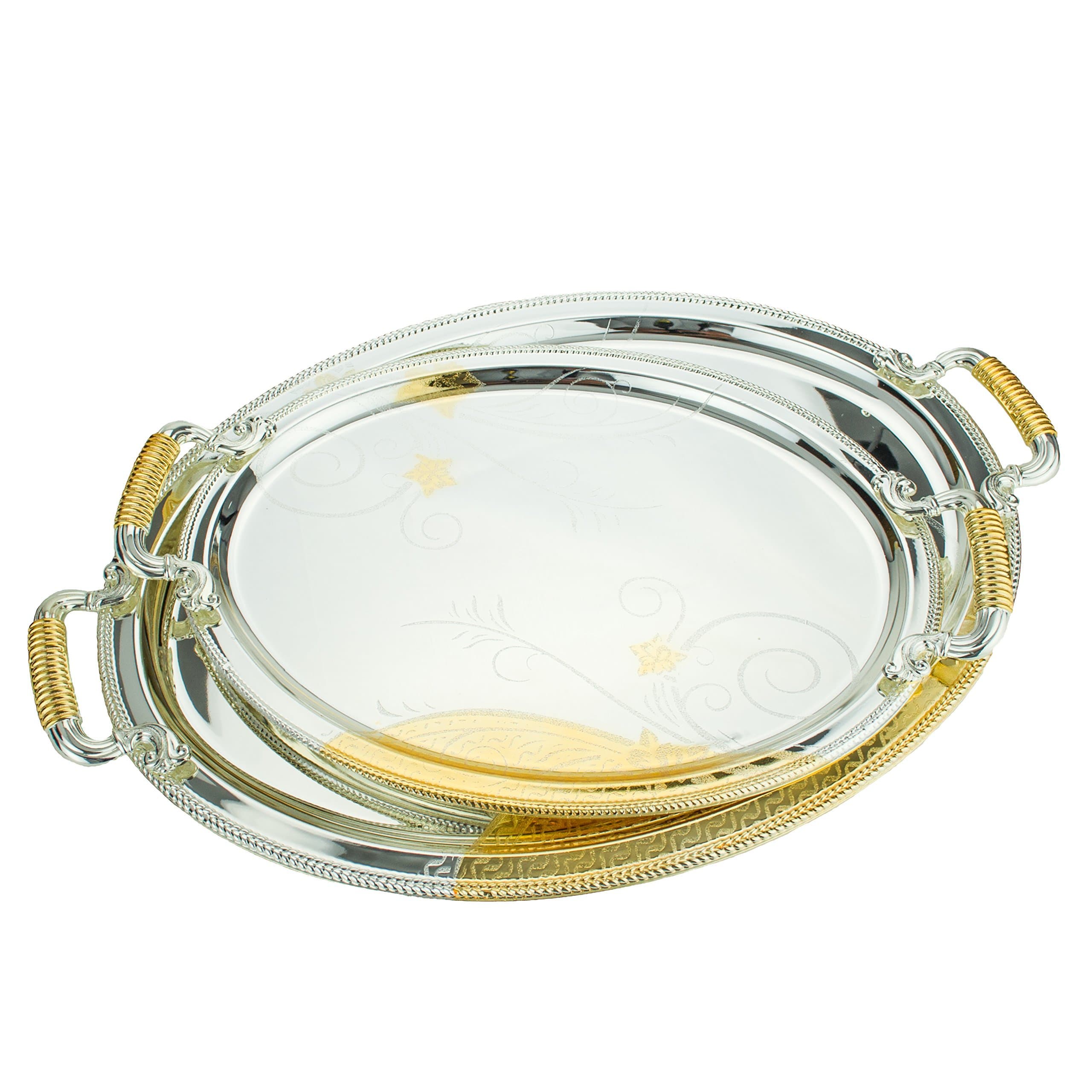 2-Piece Orchid Swirl Oval Decorative Serving Tray Set, Silver/Gold