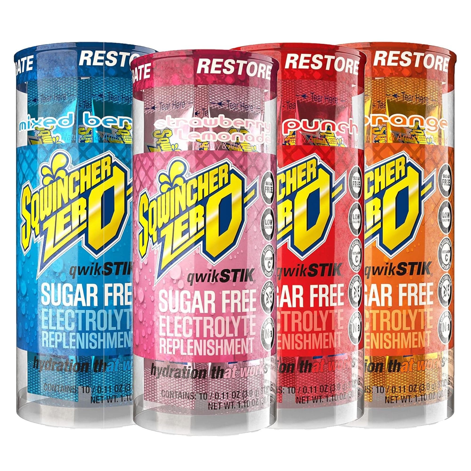 Sqwincher Zero Qwik Stik, 4 Flavor Variety Pack, Sugar Free, Low Calorie, Low Sodium Electrolyte Powder Hydration Drink Mix, .11 oz Packet (Pack of 200)