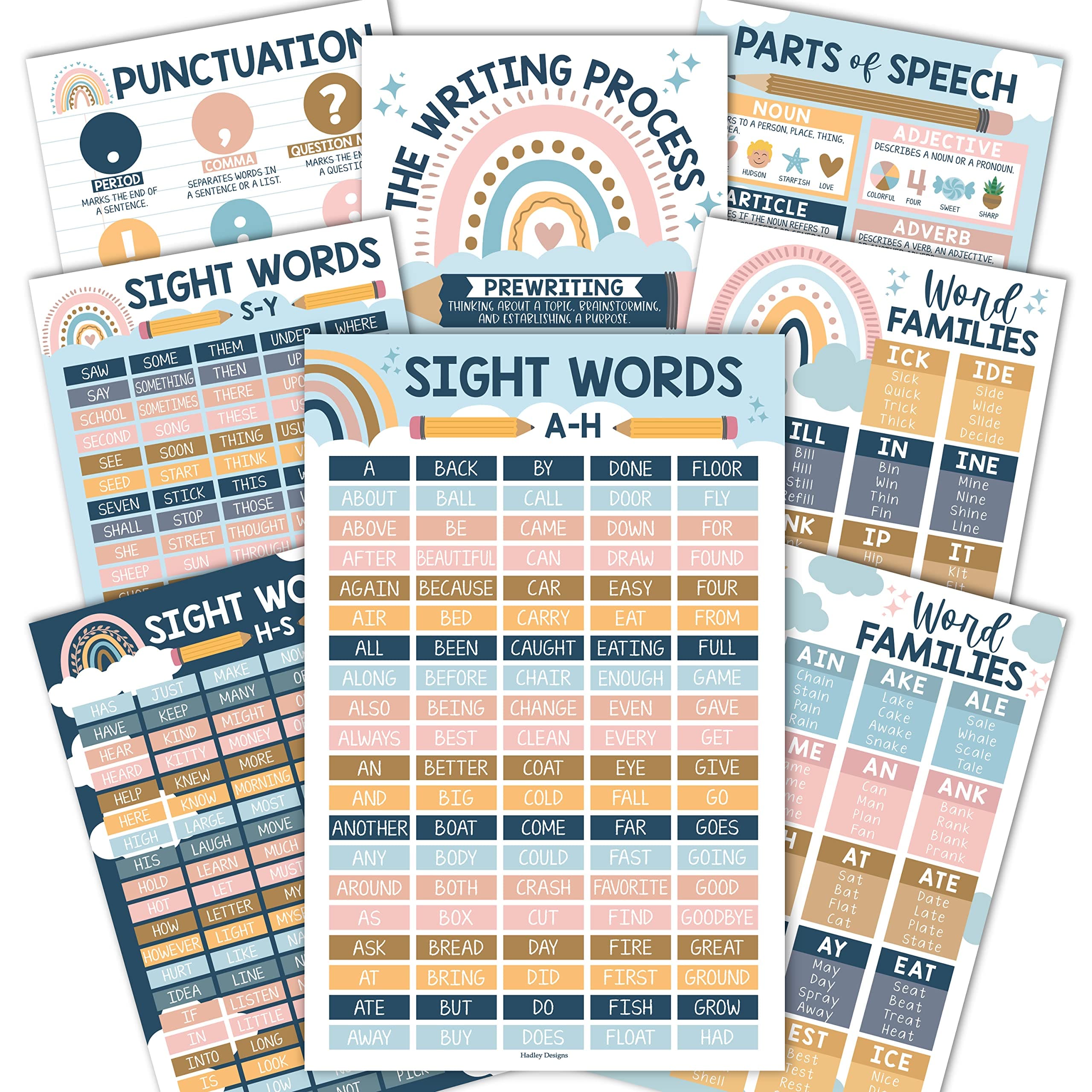 Hadley Designs 8 Boho 100 Sight Words Poster For Classroom Word Wall, Sight Word Posters For Classroom Elementary, First Grade, Word Family Posters For Elementary School Posters For Classroom