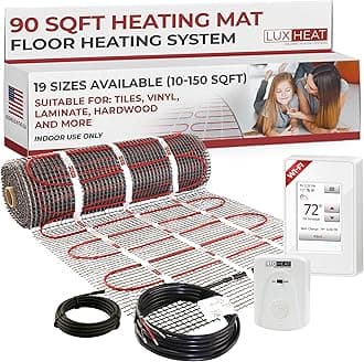LuxHeat 90sqft Floor Heating Mat Kit - 120v Under Tile Floor Heating System - Electric Radiant Heated Flooring System for Laminate - Includes UWG4 WiFi Programmable Thermostat w/GFCI, Alarm & Sensor