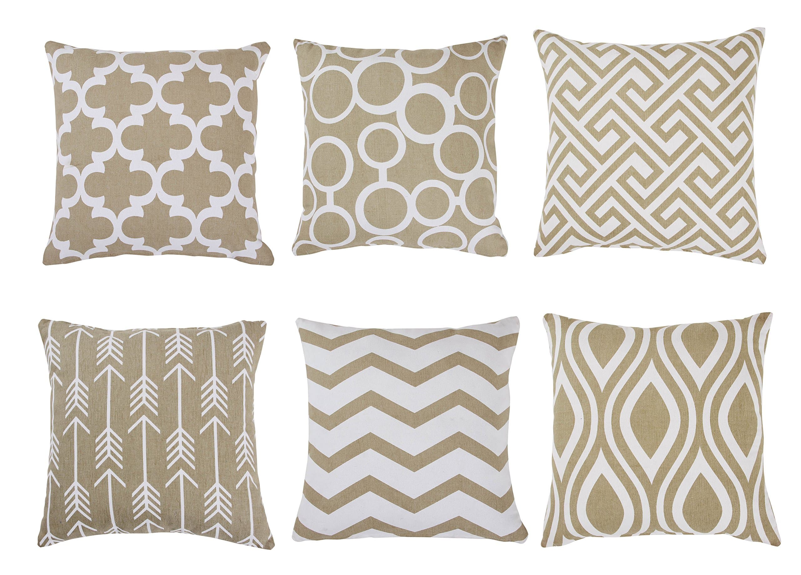 100% Cotton Decorative Throw Pillow Covers/Cushion Covers 16x16 inch (Set of 6, Beige)