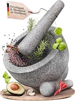 ChefSofi Extra Large 8 Inch 5 Cup-Capacity Mortar and Pestle Set - One Huge Mortar and Two Pestels: 8.5 inch and 6.5 inch - Unpolished Heavy Granite for Enhanced Performance and Organic Appearance