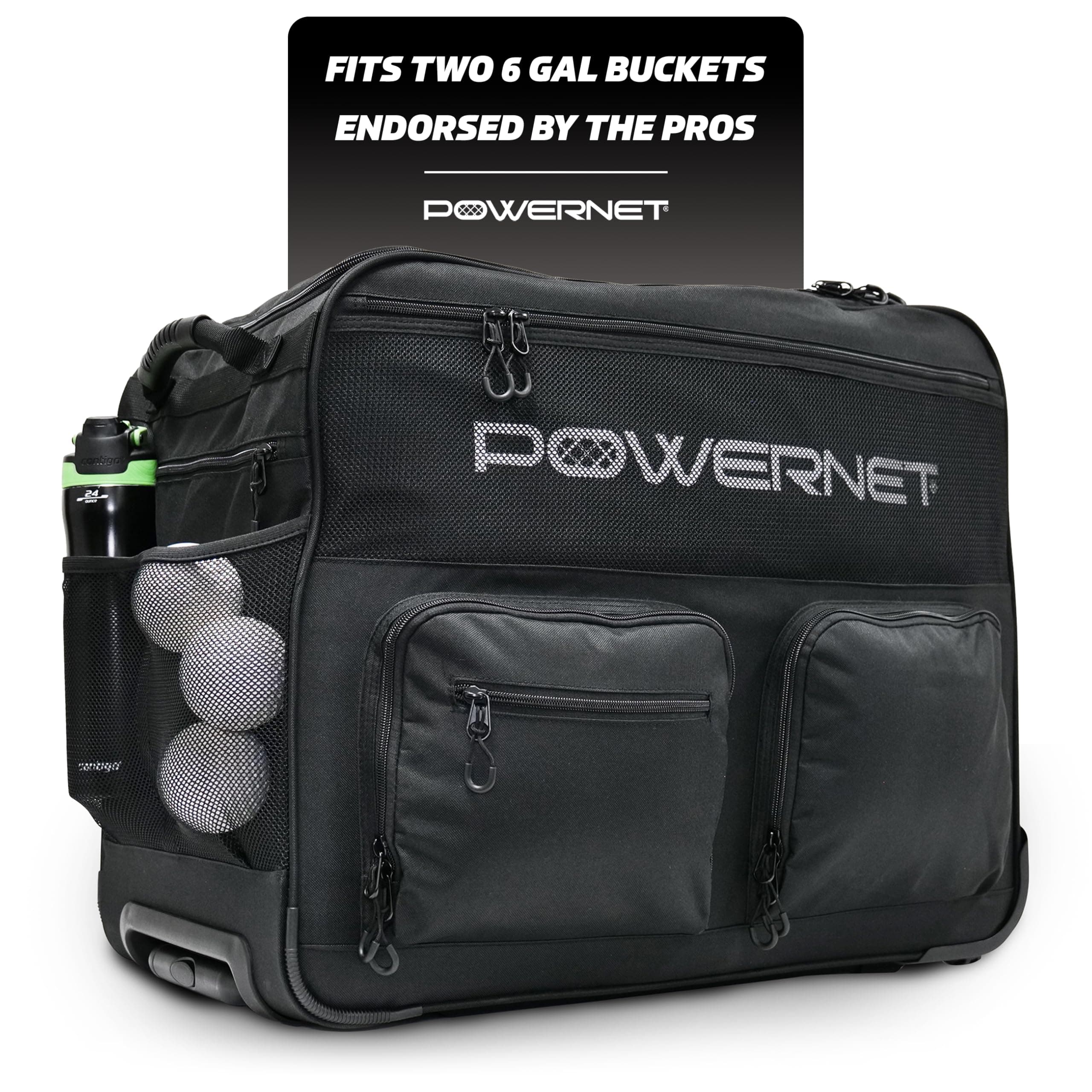 PowerNet Rolling Baseball Coaches Bag Caddy | Holds Up to Two Ball Buckets with Padded Seats | Telescoping Pull Handle Rugged Wheels for Easy Batting Practice | Bucket Organizer for Softball