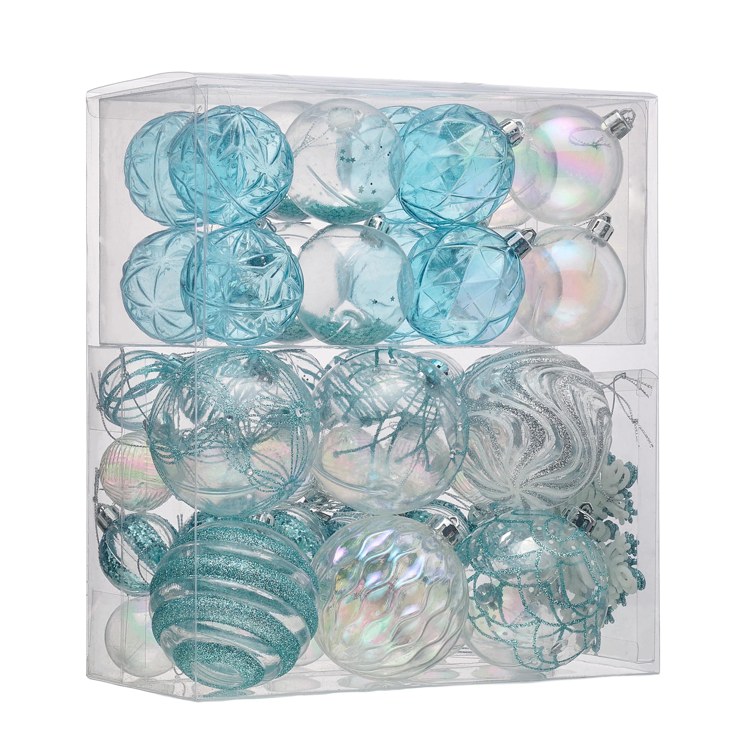 Christmas Tree Ornaments Set, 50ct Light Blue Silver Shatterproof Christmas Decorations, Transparent Clear Summer Beach Coastal Ocean Nautical Marine Hanging Balls Xmas Holiday Decor