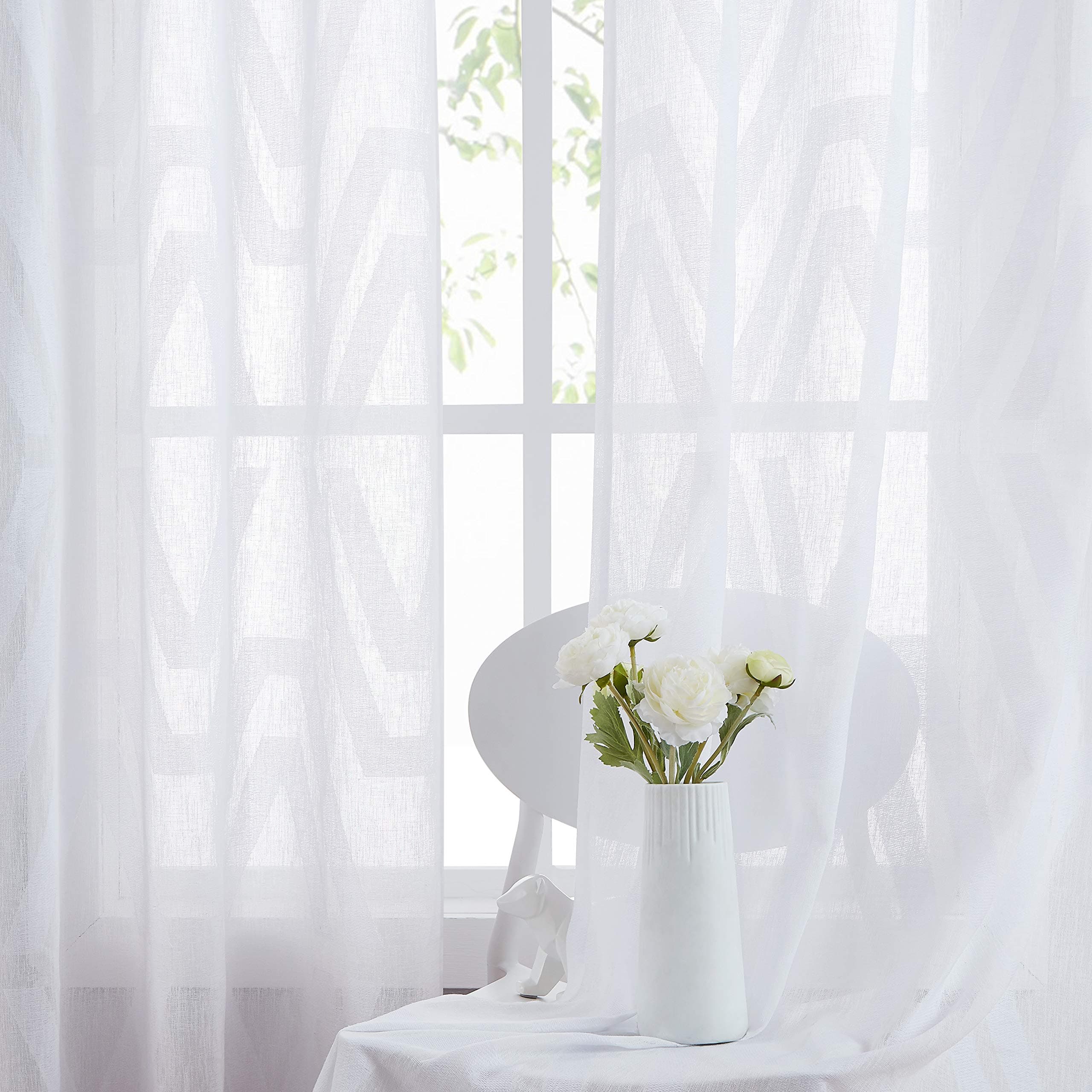 Central Park White Sheer Window Curtain Panel Geometric Jacquard Design for Rustic Living Room/Bedroom Linen Drape Treatment Farmhouse Curtain with Grommets Top 50"x 84"x2, 2 Panels