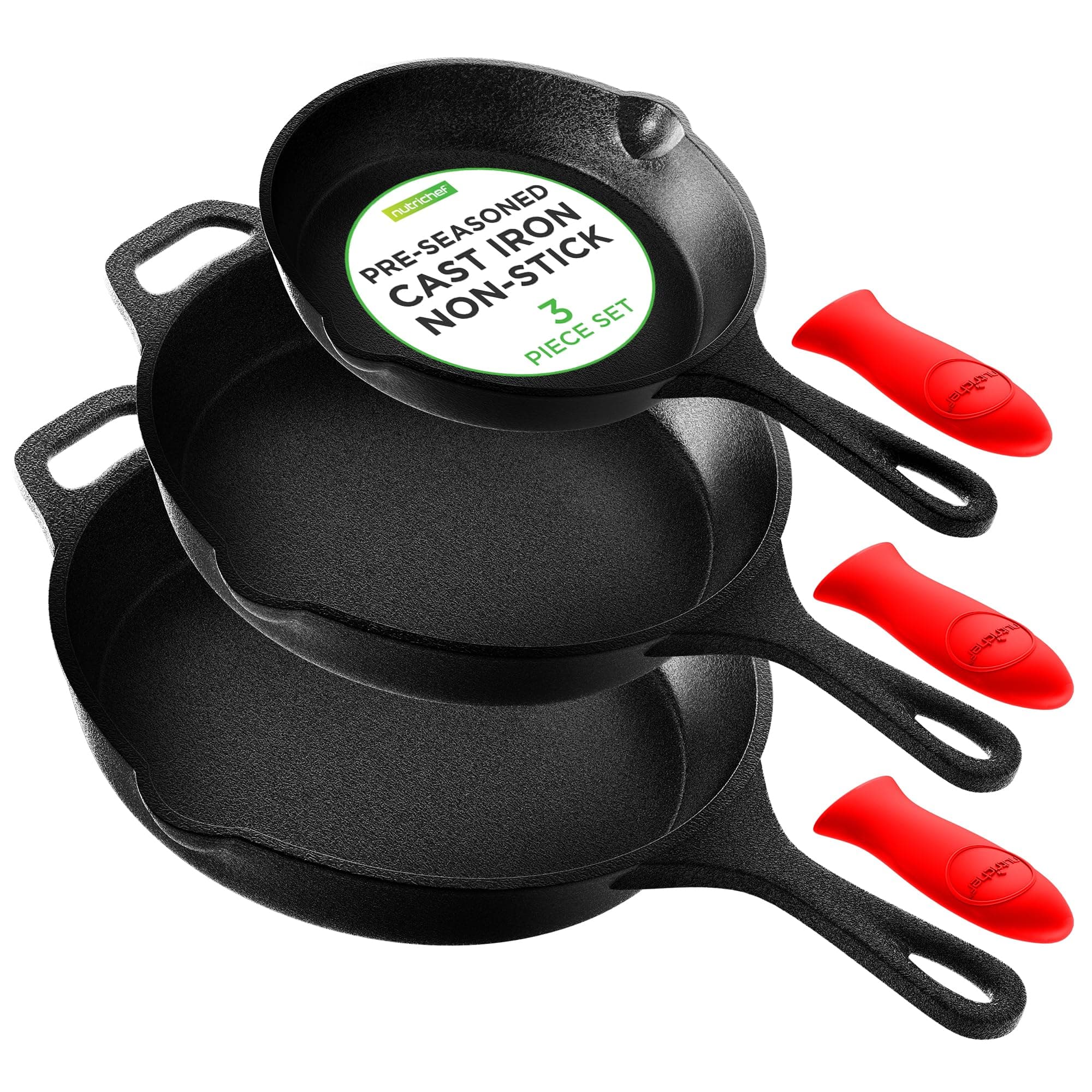 3pc Cast Iron Skillet Set - Nonstick Pans with Drip Spout, Silicone Handles, For All Cooktops