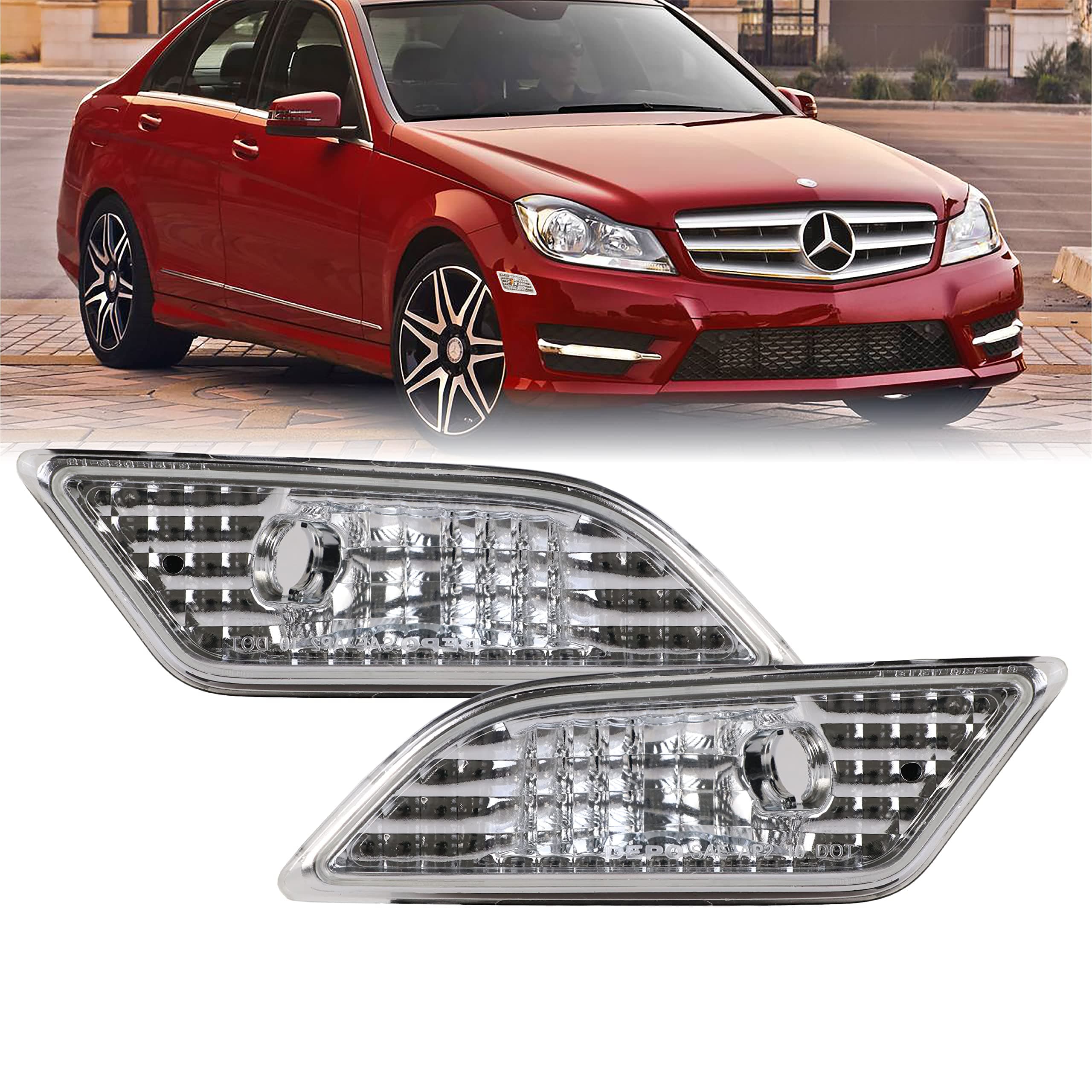 USR DEPO 12-14 W204 Clear Bumper Side Marker Light Assembly Set (Left + Right) Compatible for 2012-2014 Mercedes Benz W204