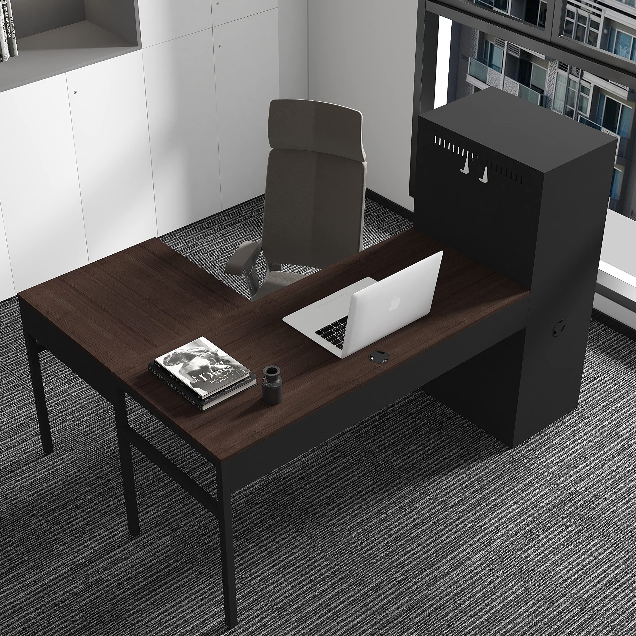 Merax L Shape Office Desk with Storage, Computer Desk Wood with Cabniet, Corner Gaming Table Writing Laptop Workstation for Home Office Living Bedroom Black