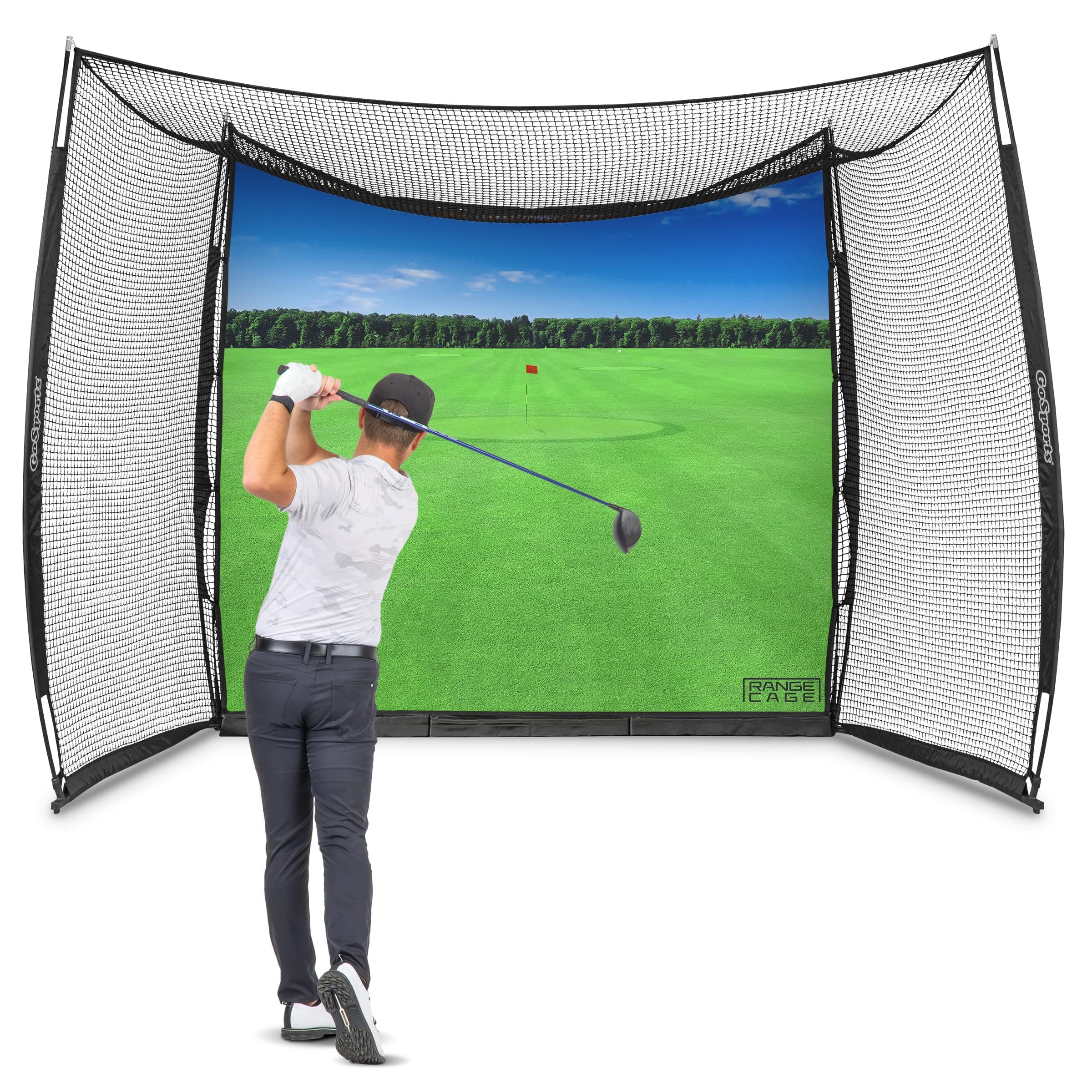 GoSports Range Cage 10 ft x 8 ft Golf Practice Hitting Net with Impact Screen – Choose Printed Graphics or Blank Simulator Screen