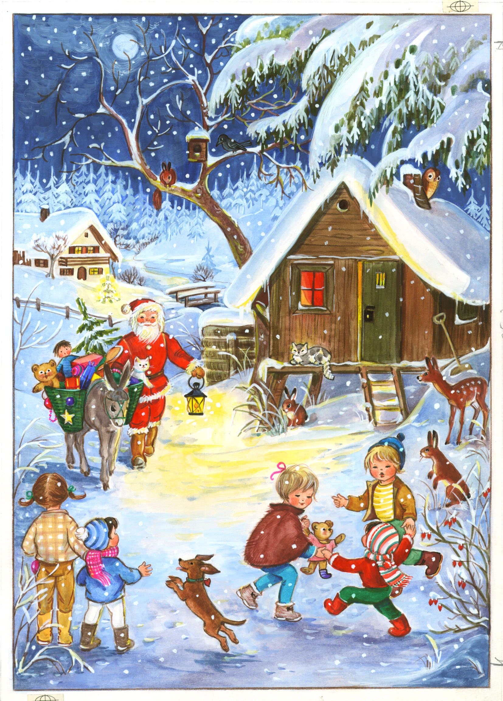 Mini Advent Christmas Card 105 x 155 mm blank with envelope Snowscene santa snow kitch - 40025 - traditional German Design