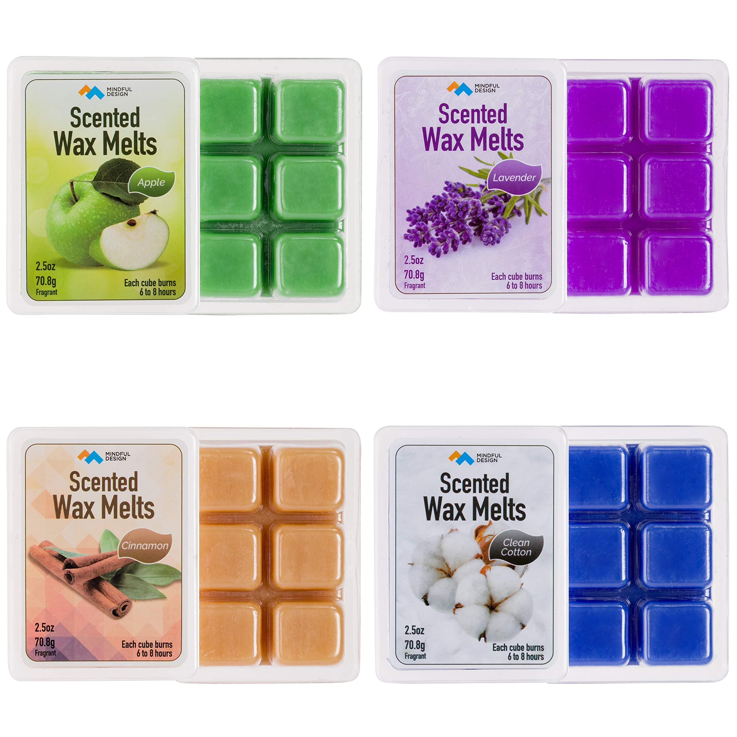 Mindful Design 4 Pack Scented Wax Melts/Cubes/Tarts - Apple, Cinnamon, Clean Cotton, & Lavender
