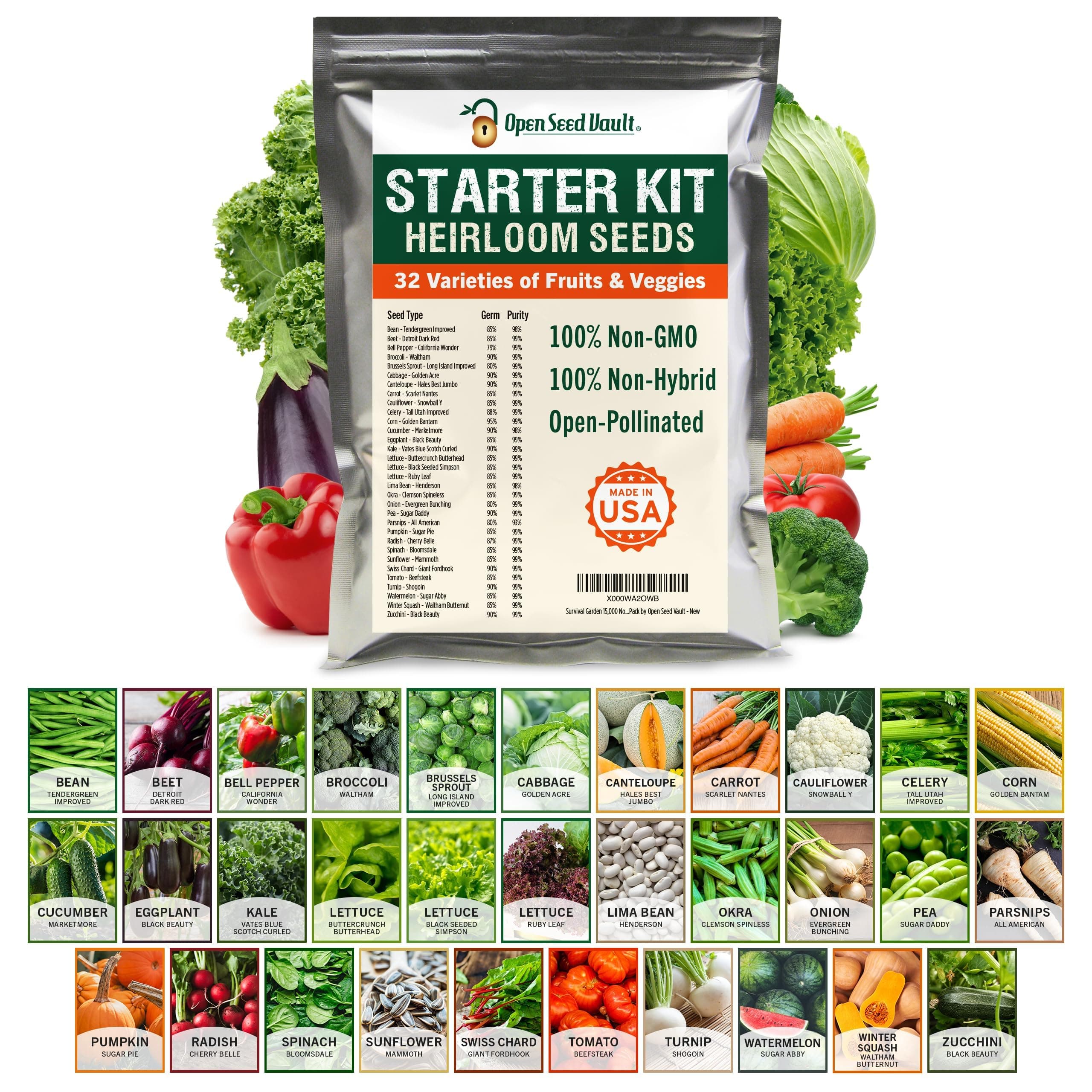 15,000 Seed 32 Vegetable Fruit Variety Garden Pack Emergency Survival Kit Mre by Open Seed Vault