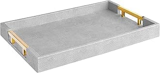 Modern Elegant 17.5"x12" Rectangle Glossy Grey Shagreen Faux Leather Decorative Tray Ottoman Coffee Table Perfume Kitchen Display Perfume Serving Tray with Gold Polished Metal Handles.