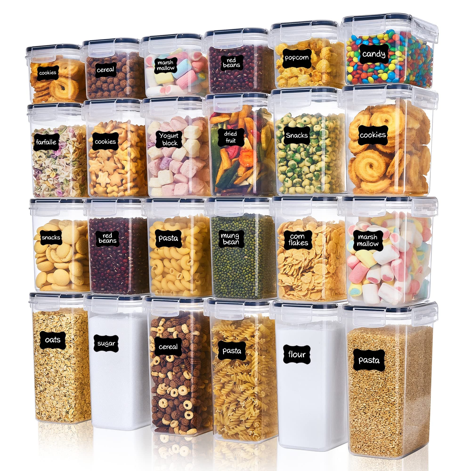 Vtopmart Storage Jars Set, Cereal Storage Container & Food Storage Containers, Plastic Storage Containers, Airtight, Set of 24, 24 Labels for Cereals, Flour, Sugar etc